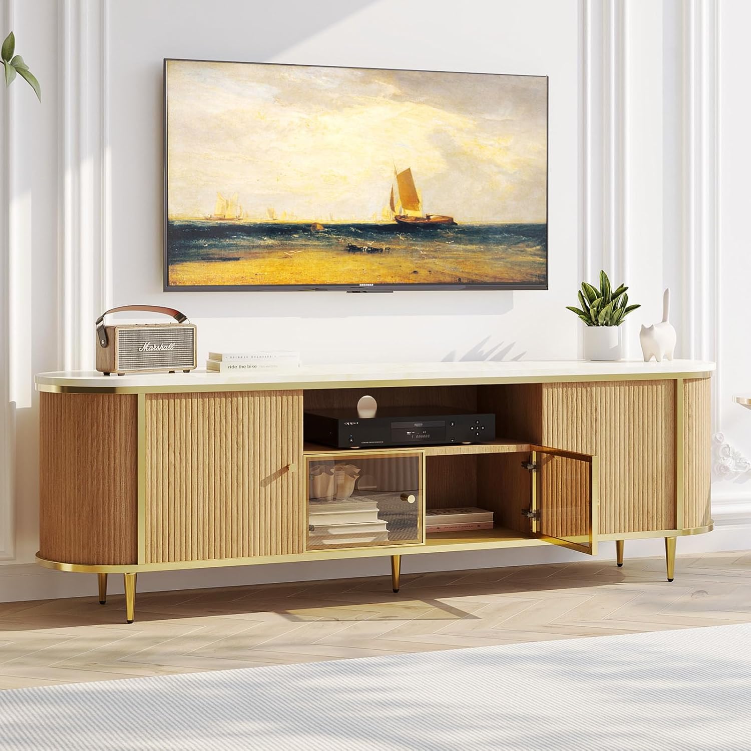 Luxury 70" Fluted TV Stand with Storage, Modern Entertainment Center for TVs Up to 80”, TV Console with Spaciouse Tabletop and Glass Door, Curved Edge Design, Media Console for Living Room, Natural