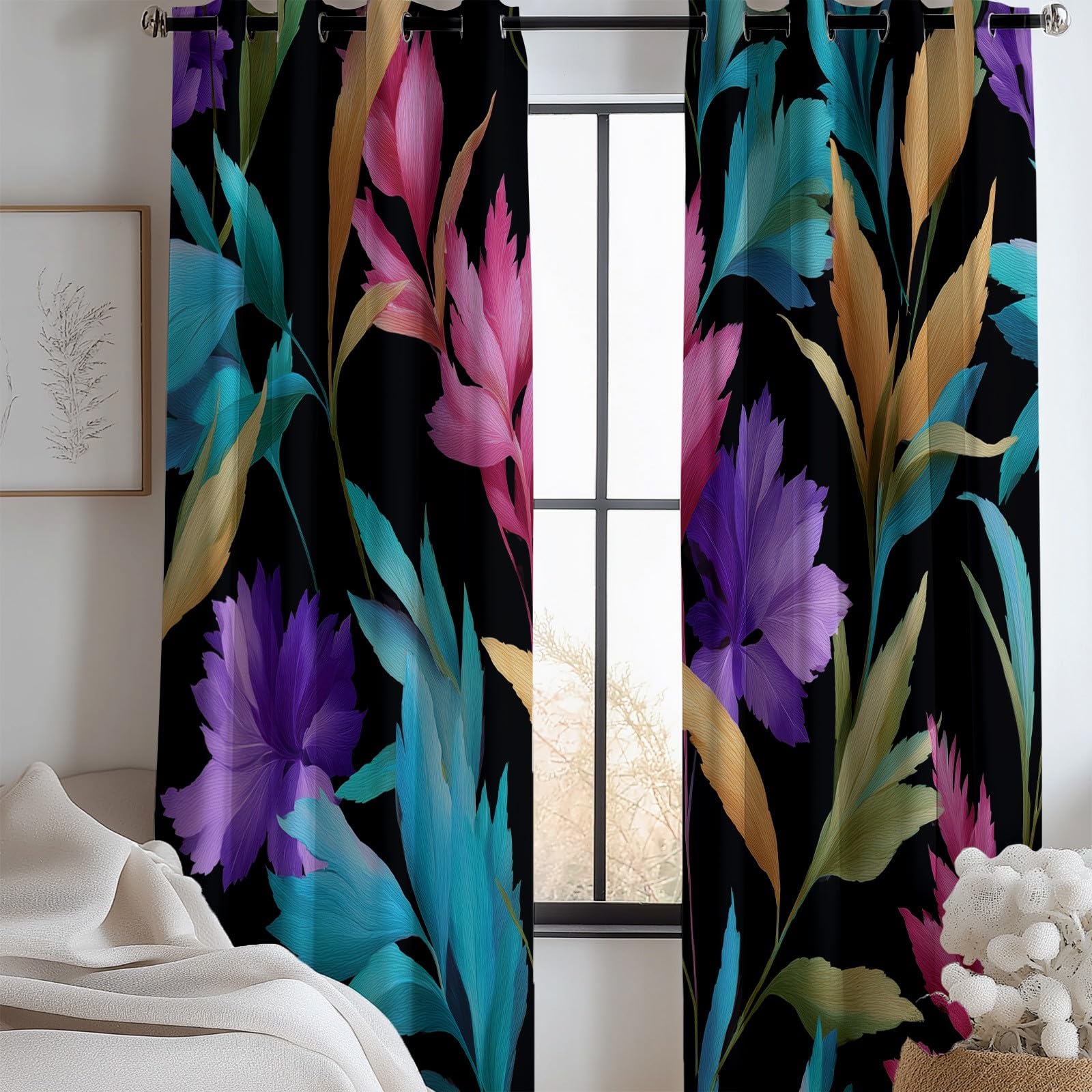 Tende Oscuranti per Interni Piante E Fiori, 70x160 cm (LxA) 2 Pezzi Termica Isolante Poliestere Nero Tenda della Finestra per Soggiorno Camera da Letto Cucina Cameretta Bambina