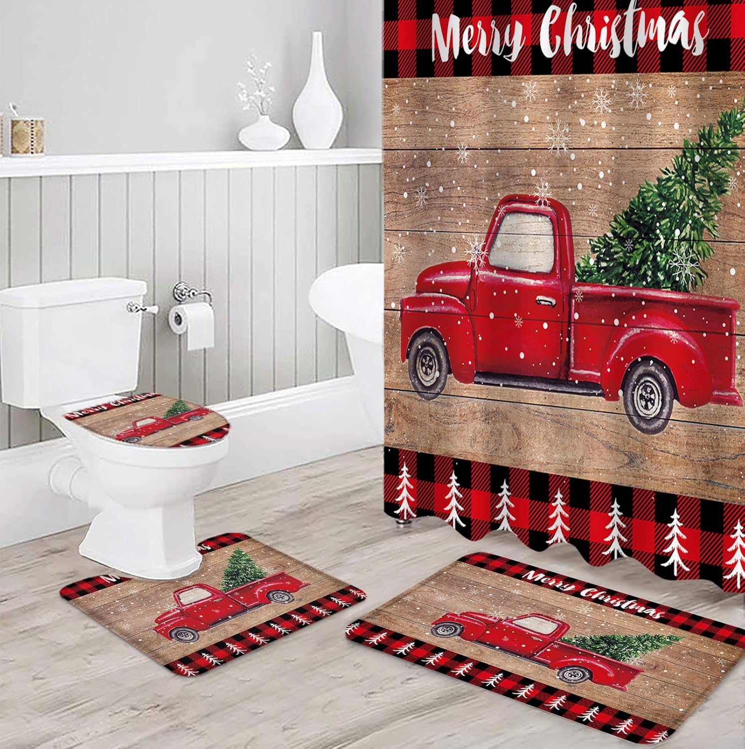 4 Piece Christmas Bathroom Sets, Christmas Truck with Xmas