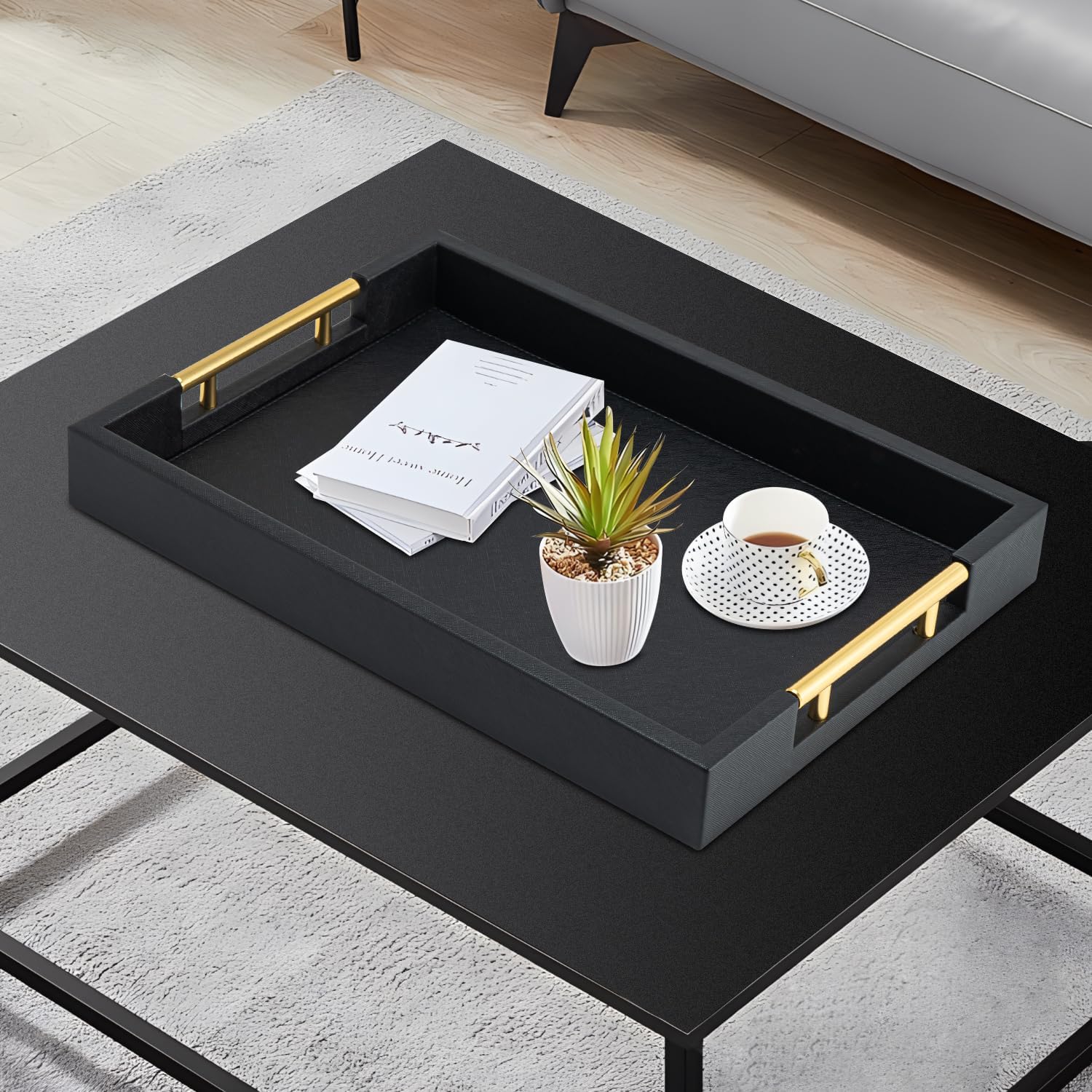 Black Rectangle Serving Tray with Gold Handles for Party,Large Wood Decorative Tray for Ottoman,Faux Leather Coffee Table Tray Decor - Image 7