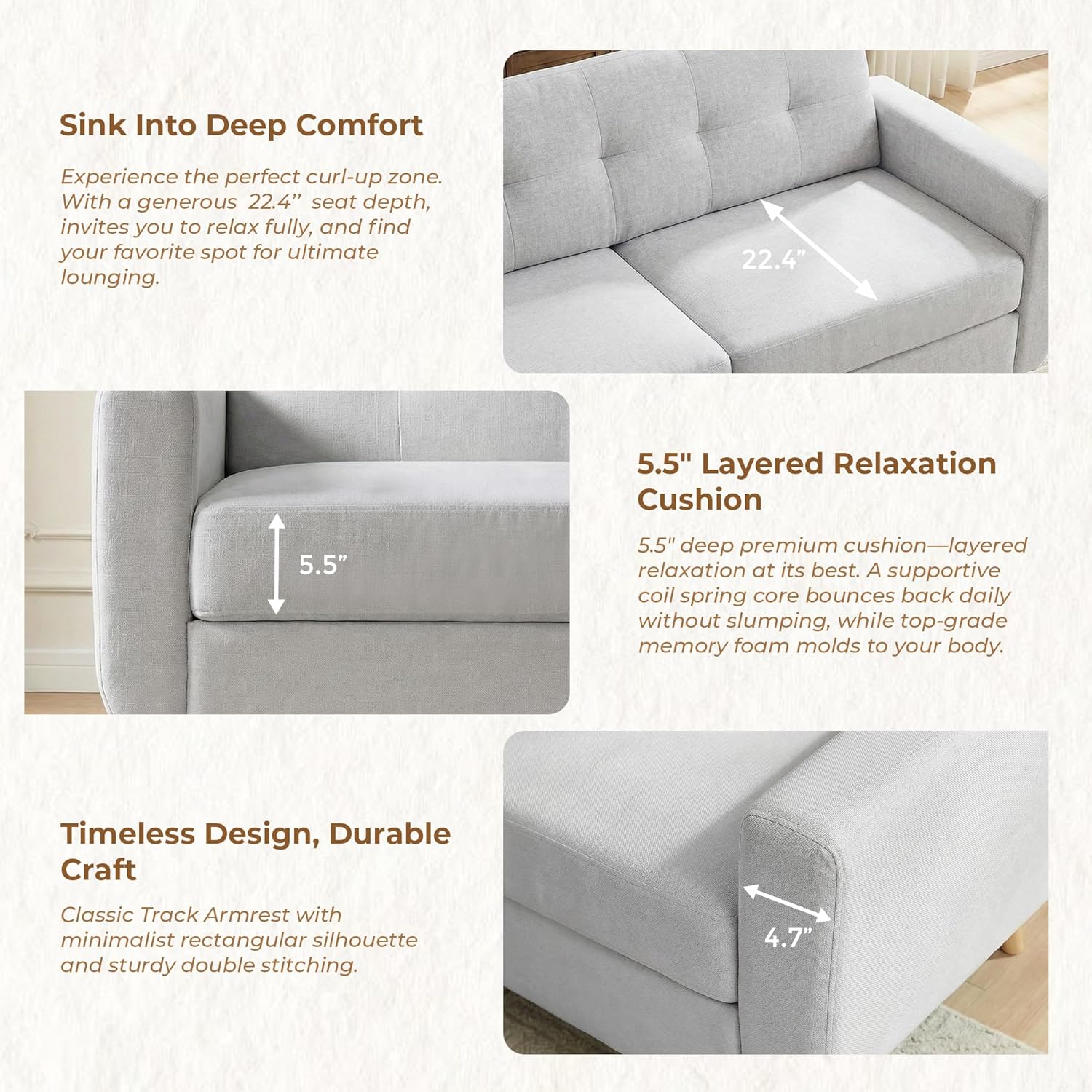 WELAX 65" Loveseat Lounge Sofa, Modern Decor Love Seat Couches for Living Room, Button Tufted Upholstered Small Couch with Solid Wood Legs, Comfy Sofas Furniture for Home, Apartment, Light Grey