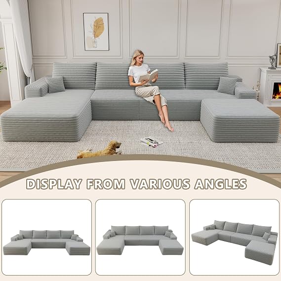 135 Cloud Sectional Couch, Modular Couches with Ottoman, Plush Corduroy U Shaped Sofa Deep Seat Sofas for Living Room, Fluffy Memory Foam Boneless Sectionals, No Assembly Required, Grey