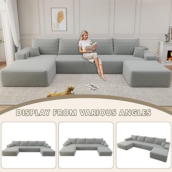 135 Cloud Sectional Couch, Modular Couches with Ottoman, Plush Corduroy U Shaped Sofa Deep Seat Sofas for Living Room, Fluffy Memory Foam Boneless Sectionals, No Assembly Required, Grey