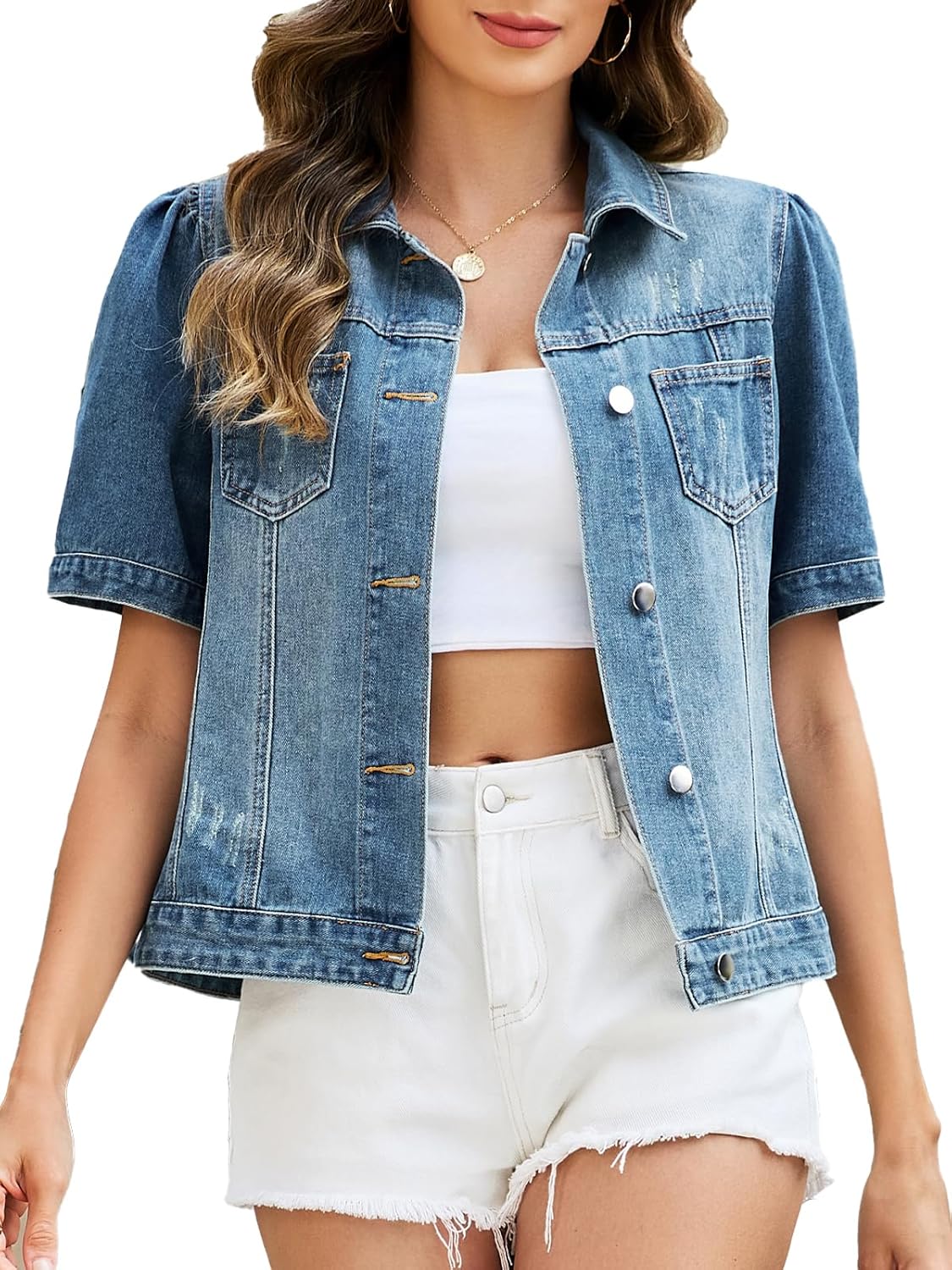 D-Sun Women's Summer Cropped Denim Jacket Short Puff Sleeve Distressed Trucker Jacket Ripped Button Down Jean Coat