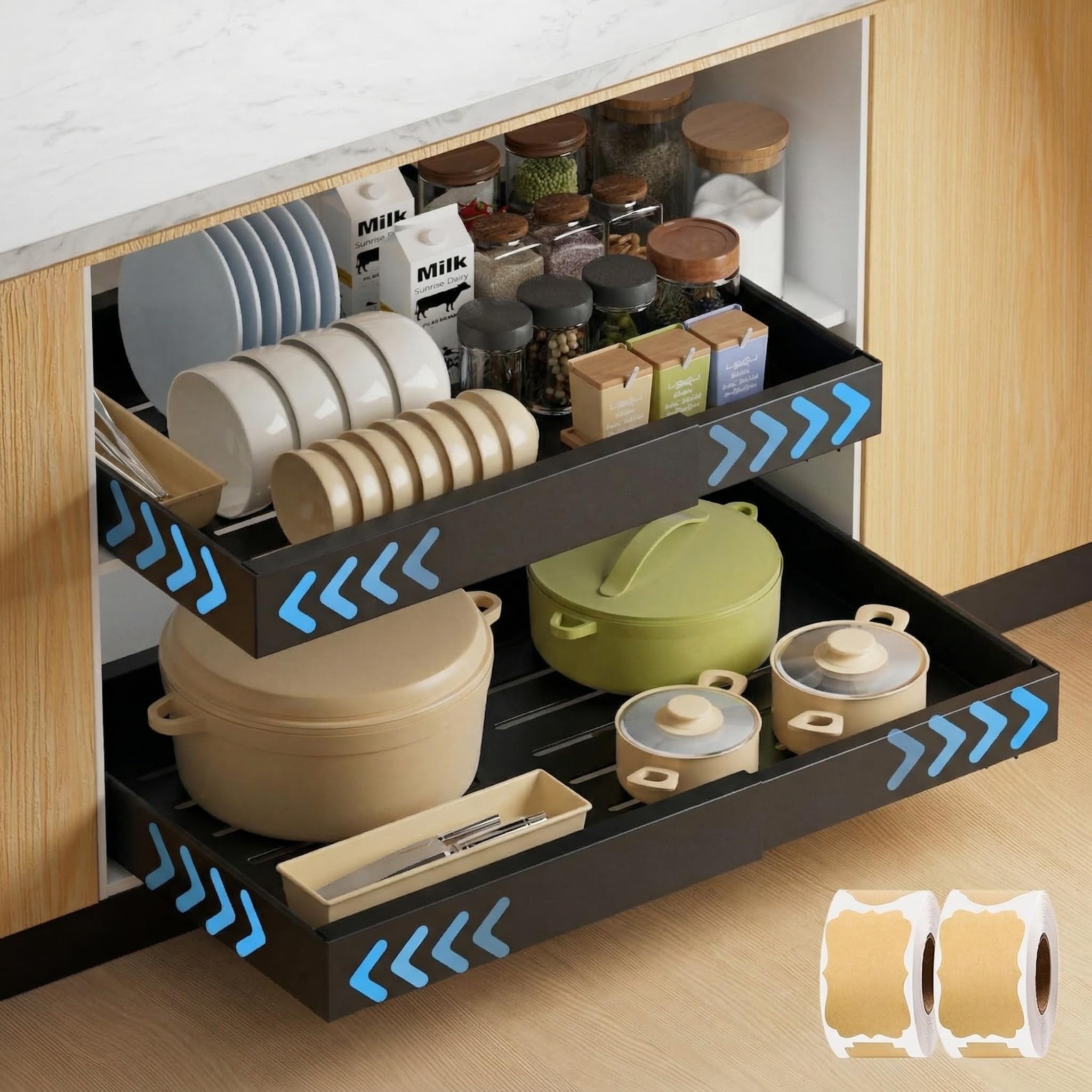 2 Pack Expandable Pull Out Cabinet Organisers No Drill, Pull Out Kitchen Storage, Slide Out Drawer Organiser Cupboard for Kitchen, Under Sink, Pantry, Bathroom, Adjustable Width 31cm to 52cm, Black