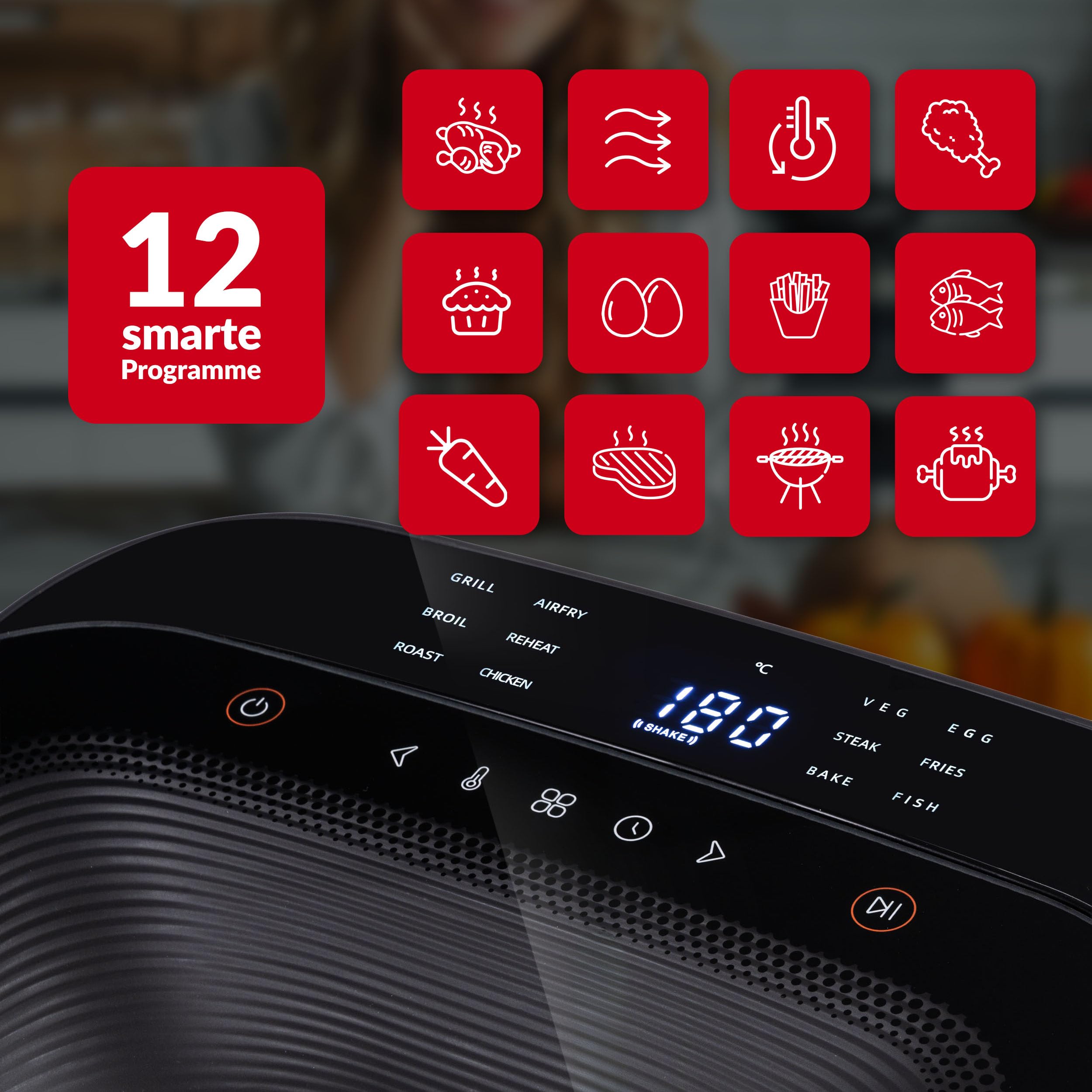 LEHMANN XL Heißluftfritteuse 6,5L, Airfryer mit oberem Panorama-Sichtfenster & Beleuchtung, Touchdisplay, 12 Programme, Rühr-Erinnerung, spülmaschinengeeignete Antihaft-Roste, Familien Air Fryer
