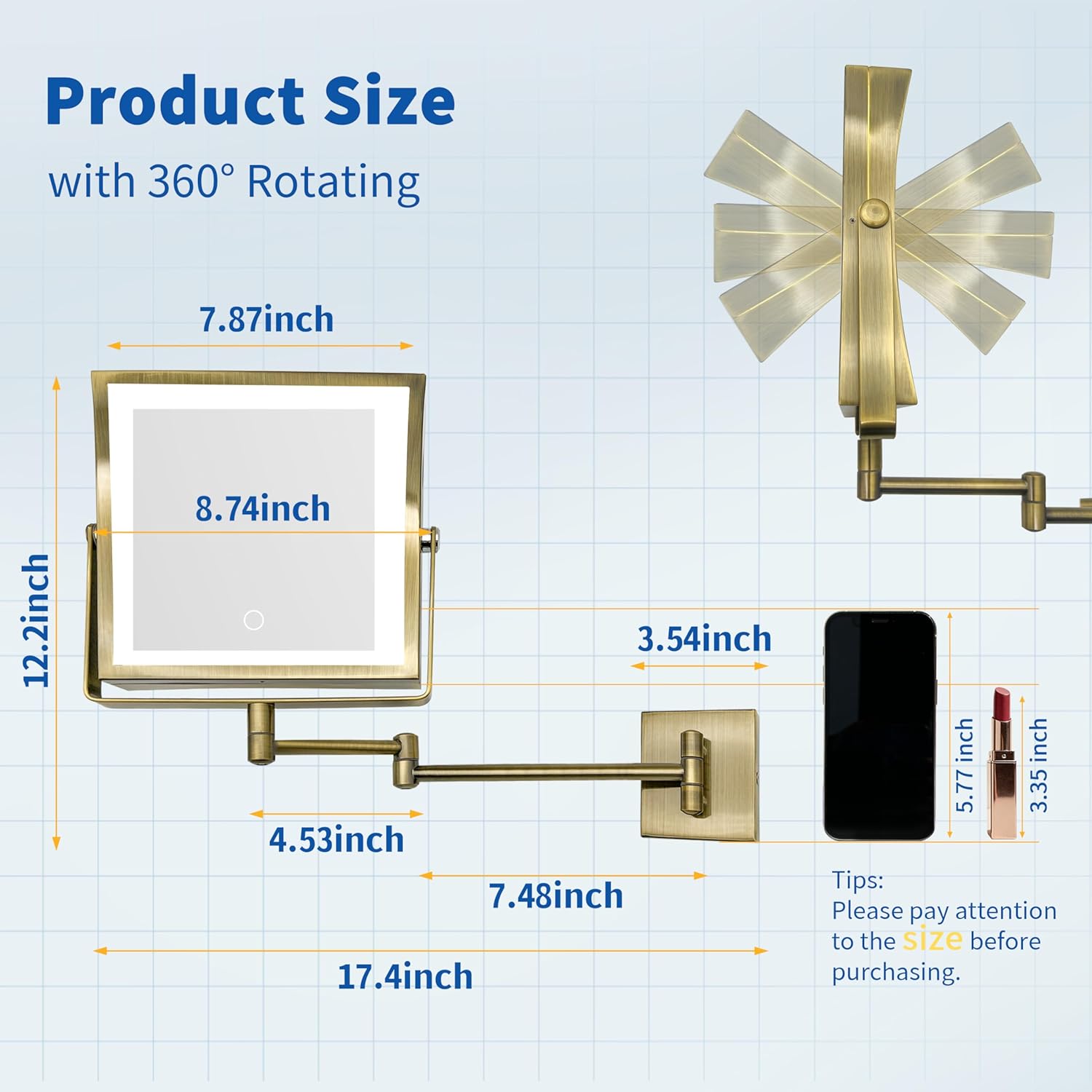 Ruacq Rechargeable Wall Mounted Makeup Mirror with Lights, Double Sided 1X/10X Magnifying Vanity Mirror with 3 Color Lights, Touch Screen Dimmable, 360° Rotation Extension Foldable Arm(Antique Brass)