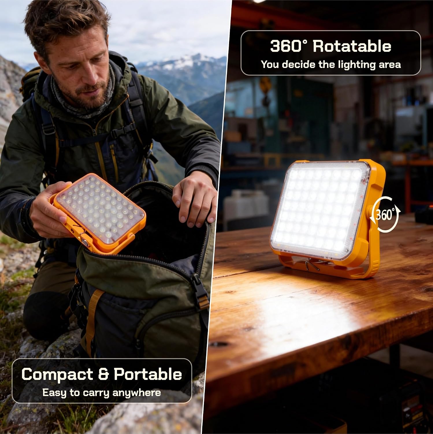 Rechargeable Camping Light LED, 12000mAh Solar Camping Lantern Waterproof, Portable Emergency Lanterns for Power Outages, Solar Work Light 3 Light Modes for Hiking, Outdoor Picnic (Orange)