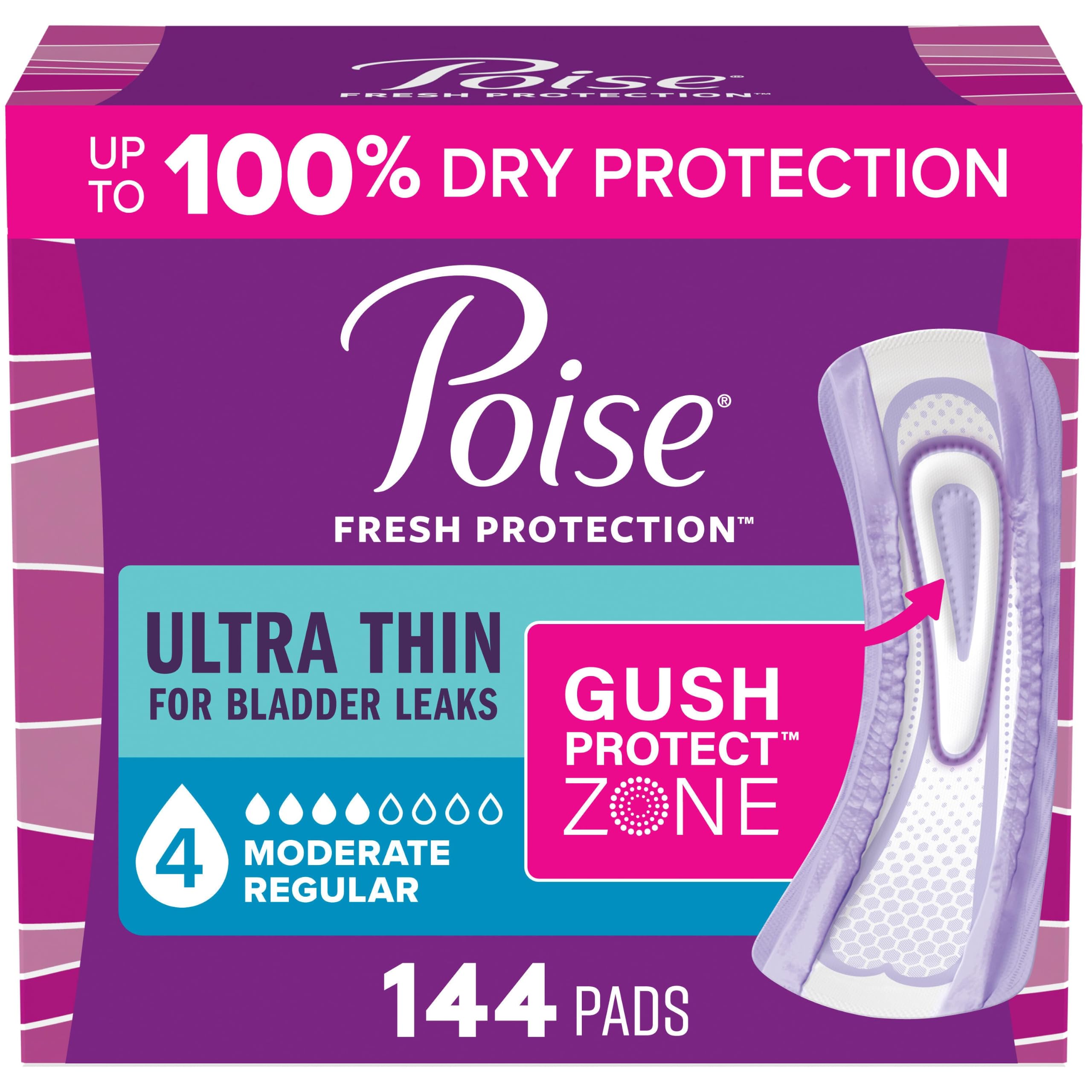 Photo 1 of Poise Ultra Thin Incontinence Pads, Moderate Absorbency, 144 Count