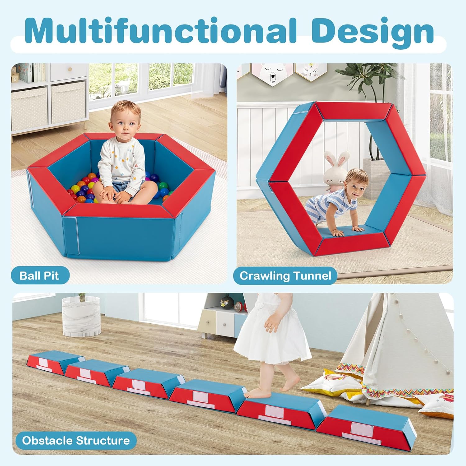 Costzon Climbing Toys for Toddlers 1-3 Inside, Ball Pit and Foam Blocks Activity Set with 100 Colorful Ocean Balls for Indoor Crawling Sliding Playing, Kids Soft Play (40" x 40",Navy & Yellow)