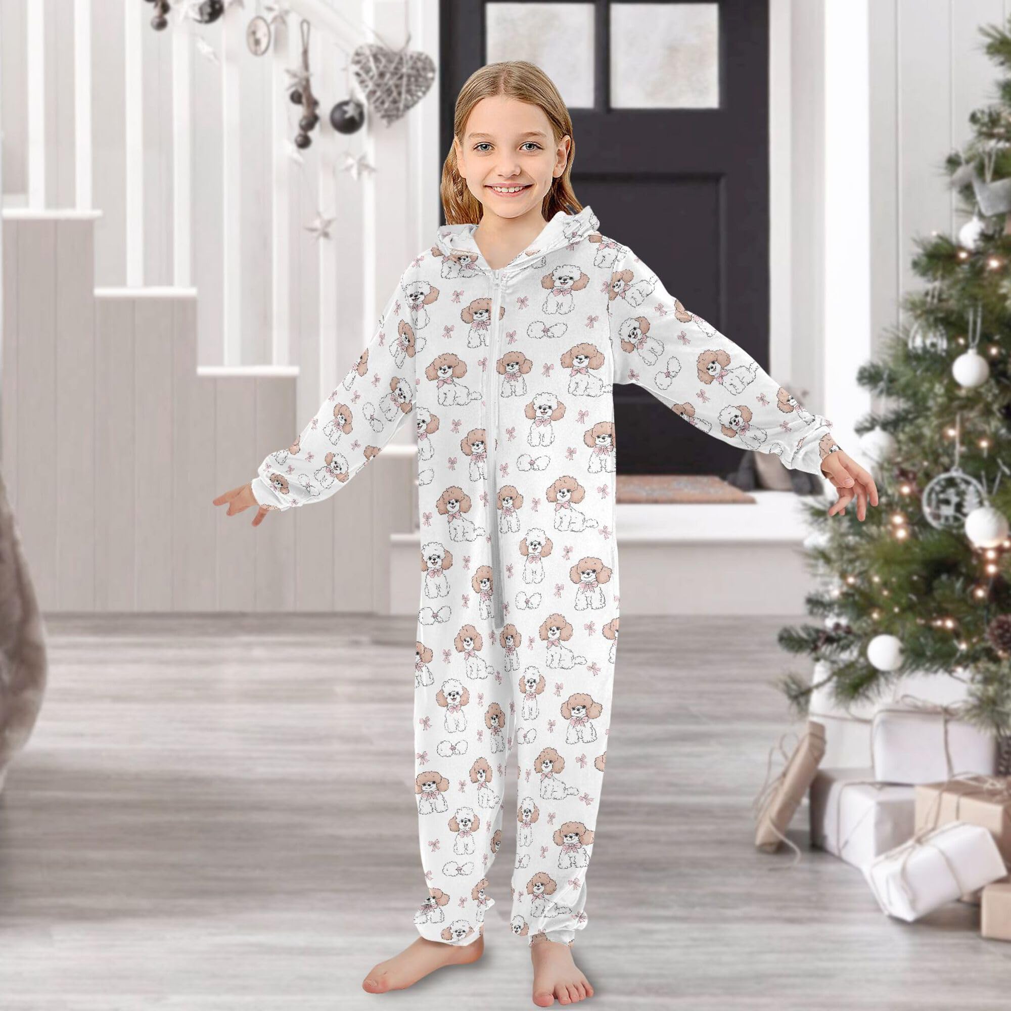 ALAZA Pigiama intero in flanella con cappuccio e cerniera, tuta coordinata per bambini, morbida e calda, abbigliamento sportivo per la casa, 5-6T