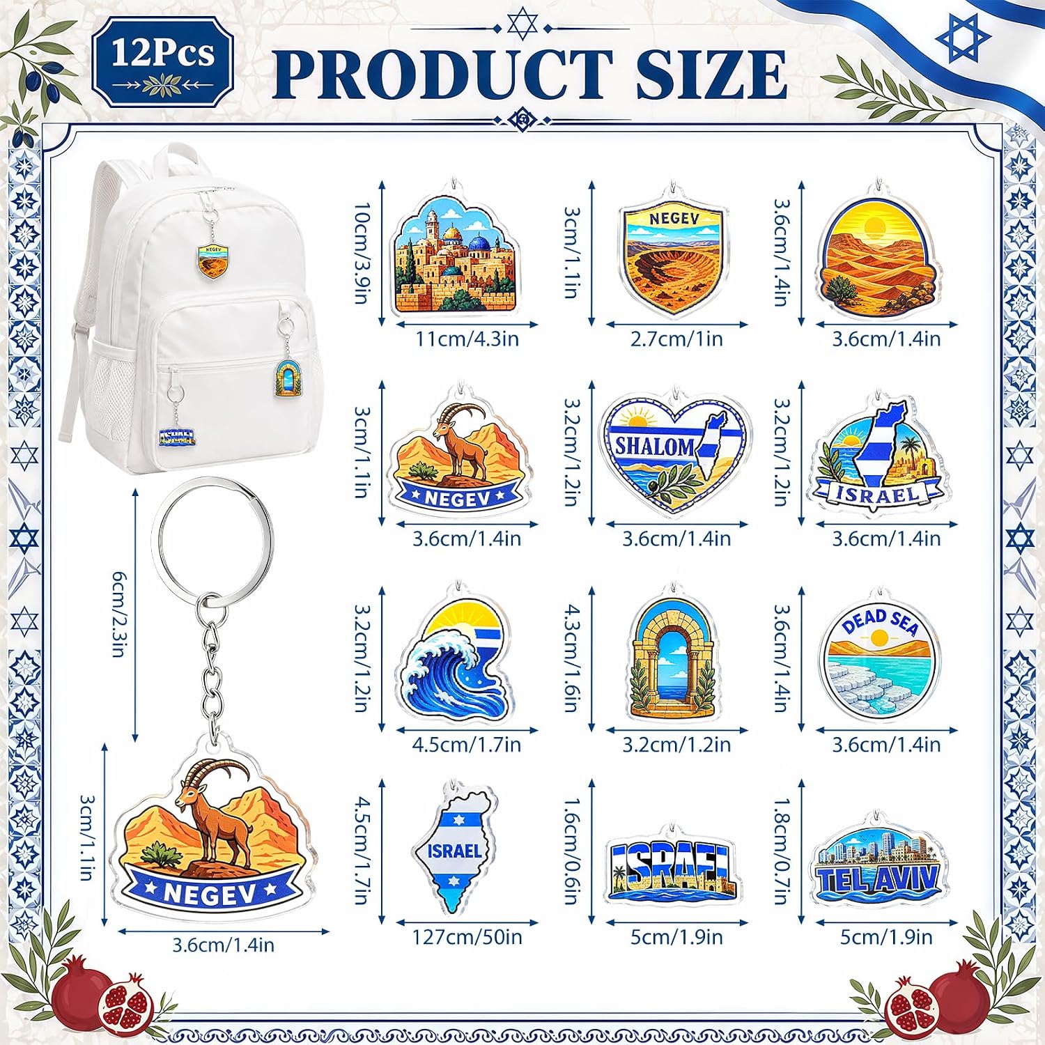 12Pcs Israel Keychain Travel Souvenirs Bulk Jerusalem Tel Aviv Map Design Clear Acrylic Keyrings Star of David Backpack Charms Jewish Birthday Party Favors Travel Gifts Bag Decor
