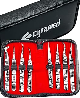 Precision Tweezers Set, Type Locking, 8 Pc, Point Type Straight and Curved, Length 4 1/4, 4 1/2, 4 3/4, 5 In, Material Coated, Stainless Steel, Resists Corrosion, Application Precision Assembly