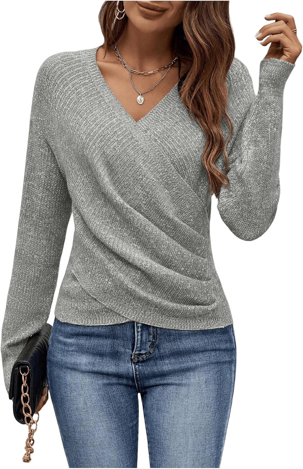 SOLY HUX Women's V Neck Long Sleeve Off Shoulder Sweaters Criss Cross Wrap Ruched Pullover Fall Tops - Image 4