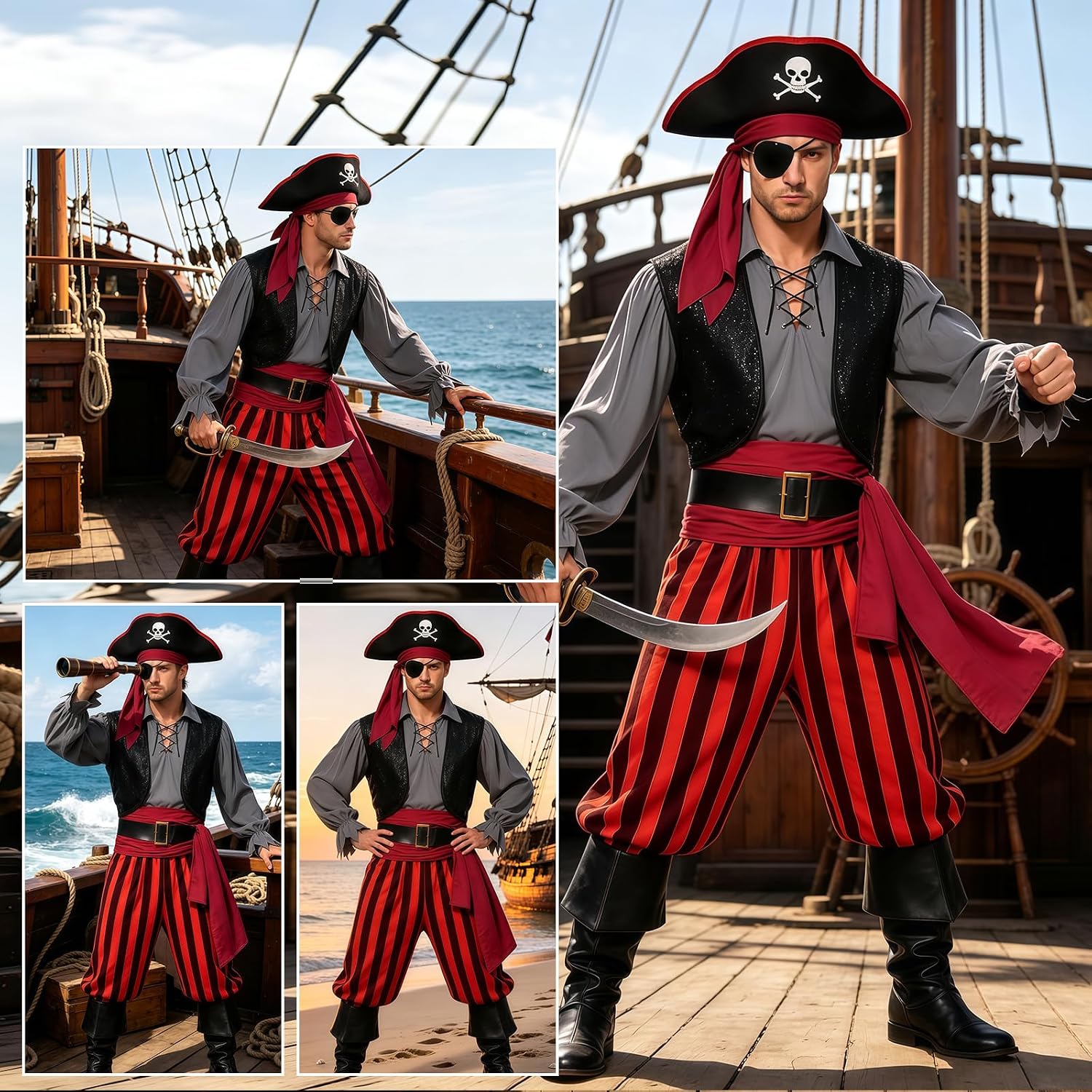 9pcs Adult Halloween Pirate Costume for Men with Accessories