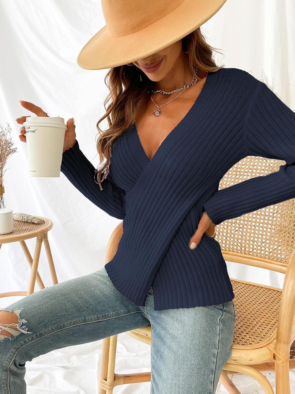 CUPSHE Womens Ribbed Sweaters Surplice Fall Knit Sweater Long Sleeve Wrap Sweater Tops - Image 4