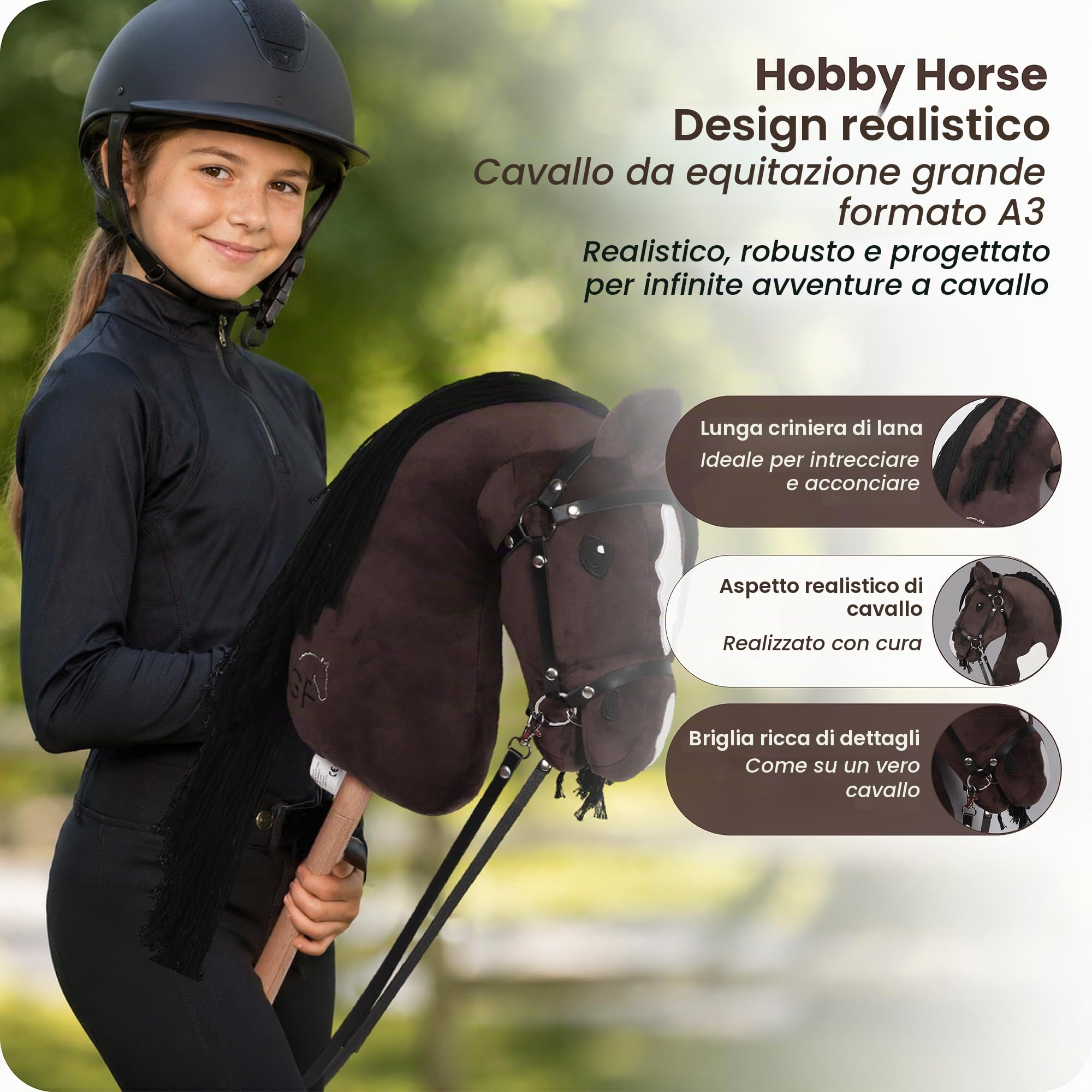 GaloppFreude Hobby Horse Horse - Cavallo grande A3 con asta a vite e flangia - Cavallo da equitazione per bambini e cavalli con crinini lunghi, accessori per Hobby Horse