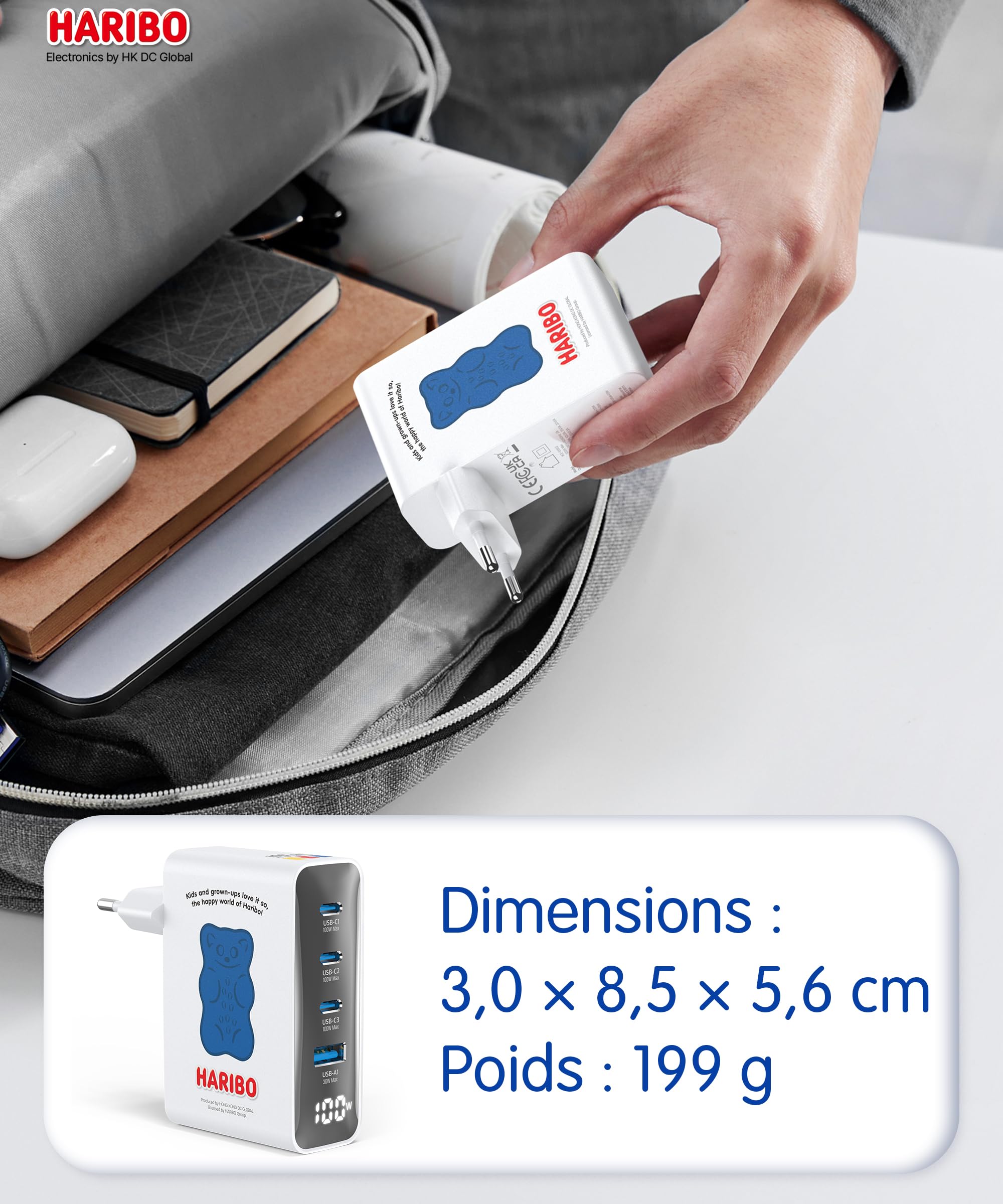 Haribo 100W USB C Ladegerät, 4-Port Schnellladegerät USB-C Netzteil mit LED Display, GaN Charger PD/PPS für MacBook Pro/Air, iPhone 16/15, Galaxy S25/S24, Laptop, iPad, Switch, Kompakt Geschenk, Blau