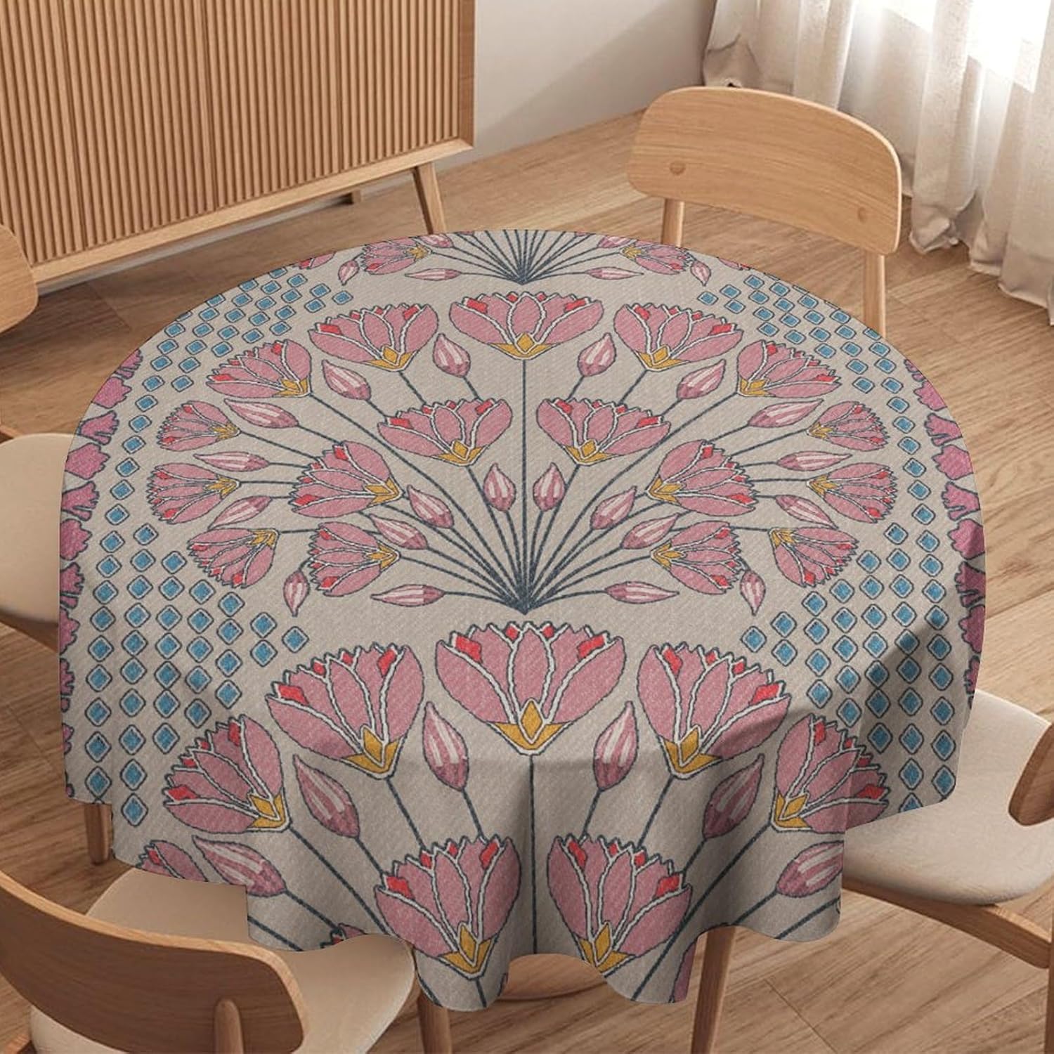 Cheyan Pink and Rice White Cairo Round Tablecloth 70x70in Chinoiserie Asian Style Table Cloth Round Table Cover for Kitchen Dining Room Buffet Banquet Holiday Party Waterproof Table Decor