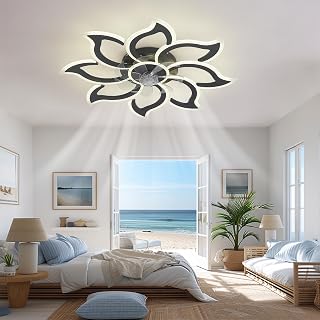 LIFE SKY Ceiling Fan Light Modern Nordic: 35.4 Inch Flush Mount Flower Design with Remote Control & APP - 6 Speed Reversible DC Motor 3 Color Temperature Lighting for Small Bedroom Apartment