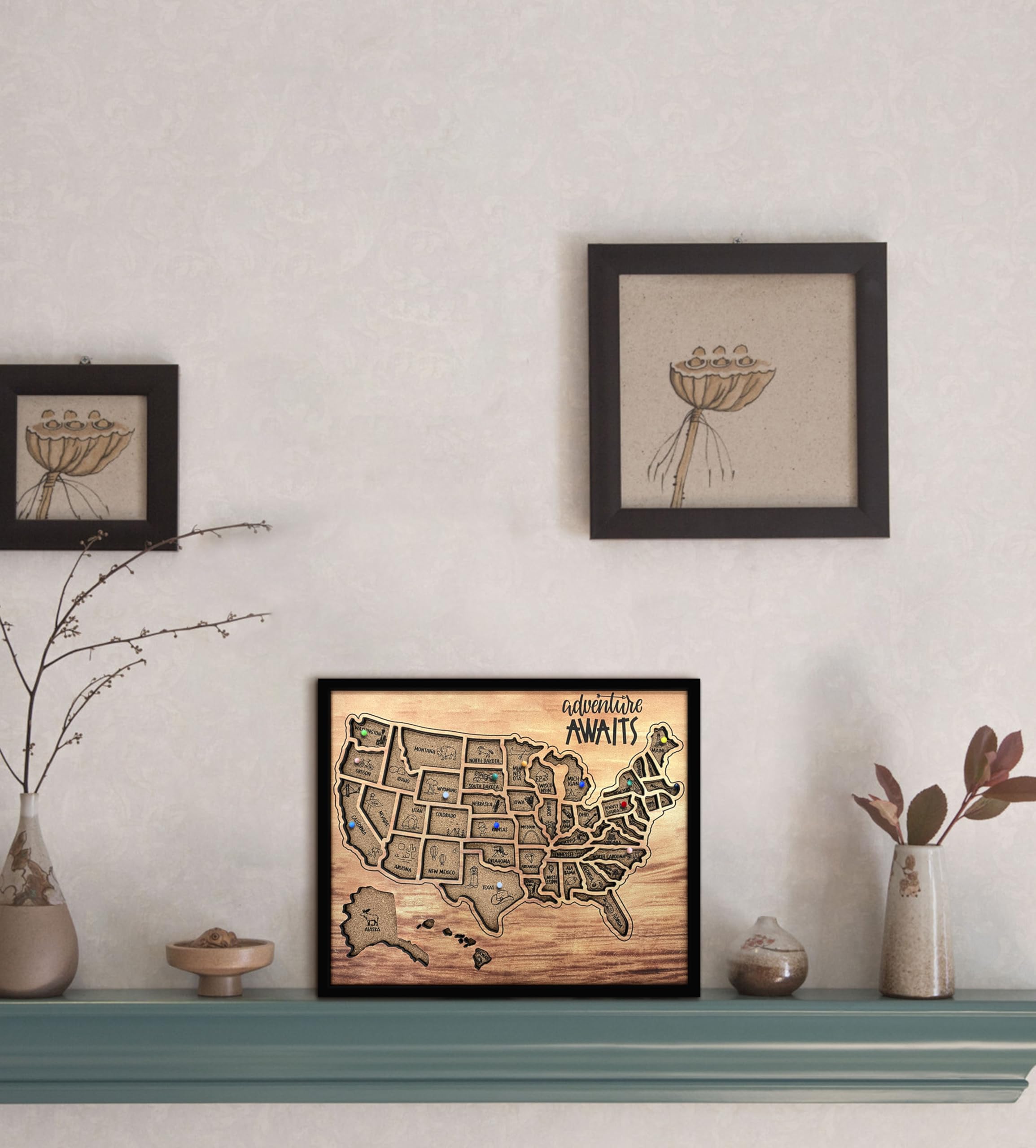 flinelife Mapa de viaje de corcho con alfileres, 12 x 10 pulgadas, tamaño mediano, mapa de Estados Unidos, perfecto para parejas y familiares