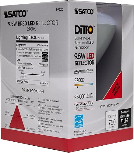 Miniatura 2 de Satco S9620 9.5BR30LED2700K750L120VD 9.5 vatios LED BR30 extensión de haz de 105 pies 2700 K base media 120 voltios regulable (caja de 12)