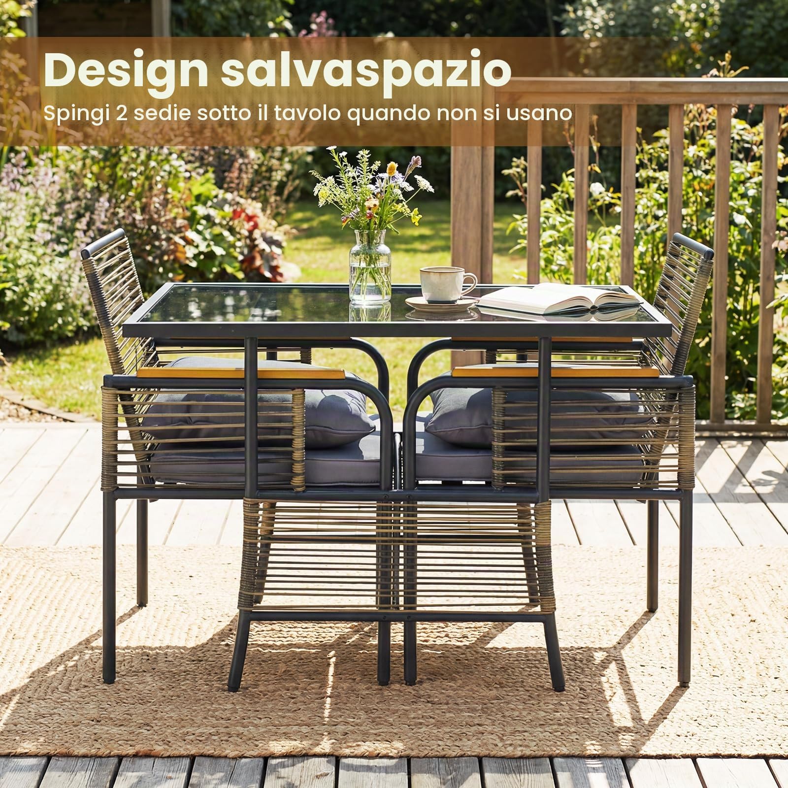 GIANTEX Set Mobile da Giardino in PE Rattan, Tavolo e 2 Sedie con Piano in Vetro Temperato, Cuscini Morbidi e Braccioli in Legno-Plastica, Salotto da Estemo per Cortile, Patio, Piscina (Grigio)