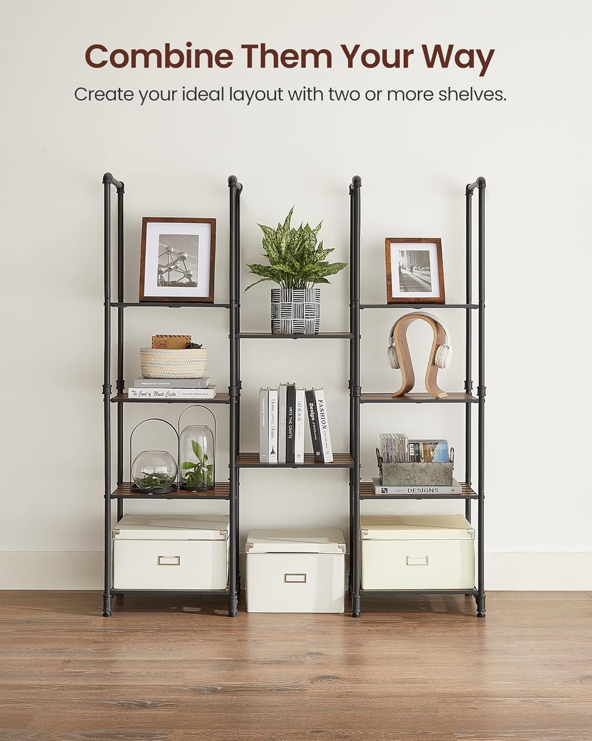 VASAGLE Bathroom Shelves, 5-Tier Storage Rack, Plant Flower Stand, 15.6 x 12.2 x 51 Inches, for Living Room, Balcony, Kitchen, Rustic Brown and Black UBSC25BXV2