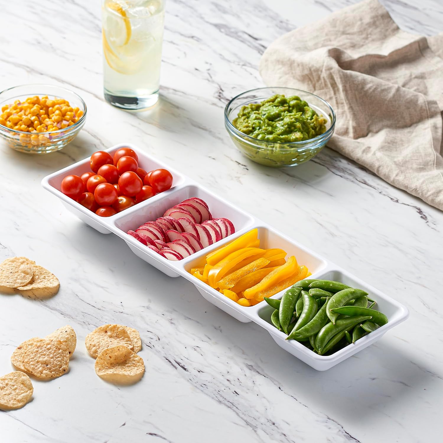 Plasticpro 4 Sectional Rectangle Plastic Disposable Serving Tray/Platter 5 X 16 White Pack of 2