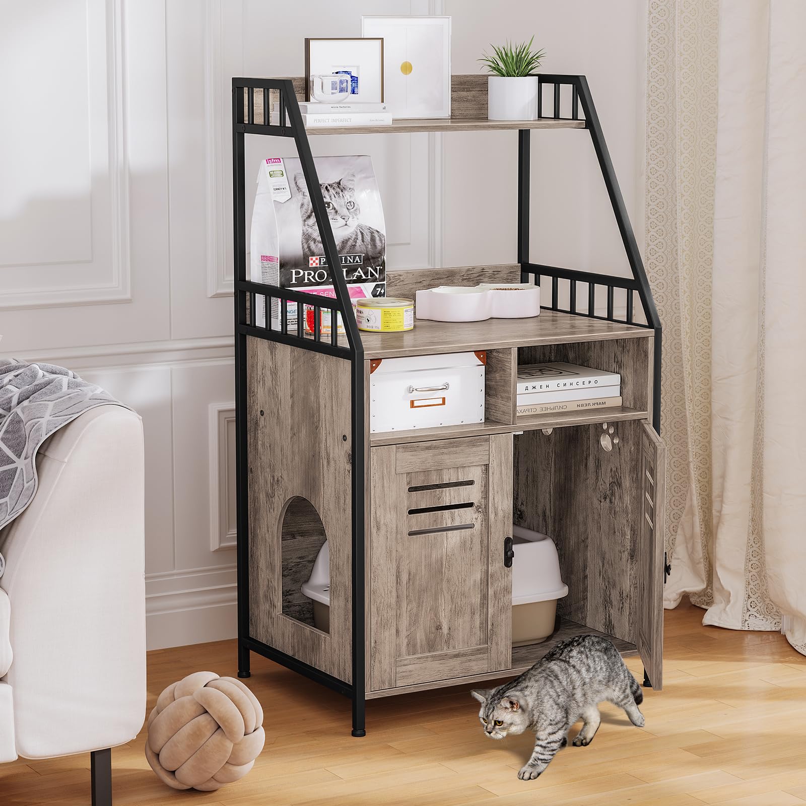 Snughome Cat Litter Box Enclosure with Shelf Storage, Hidden Cat Litter Box Furniture with Double Door, Wooden Cat Washroom Furniture, Indoor Cat House Furniture for Most of Litter Box, Grey