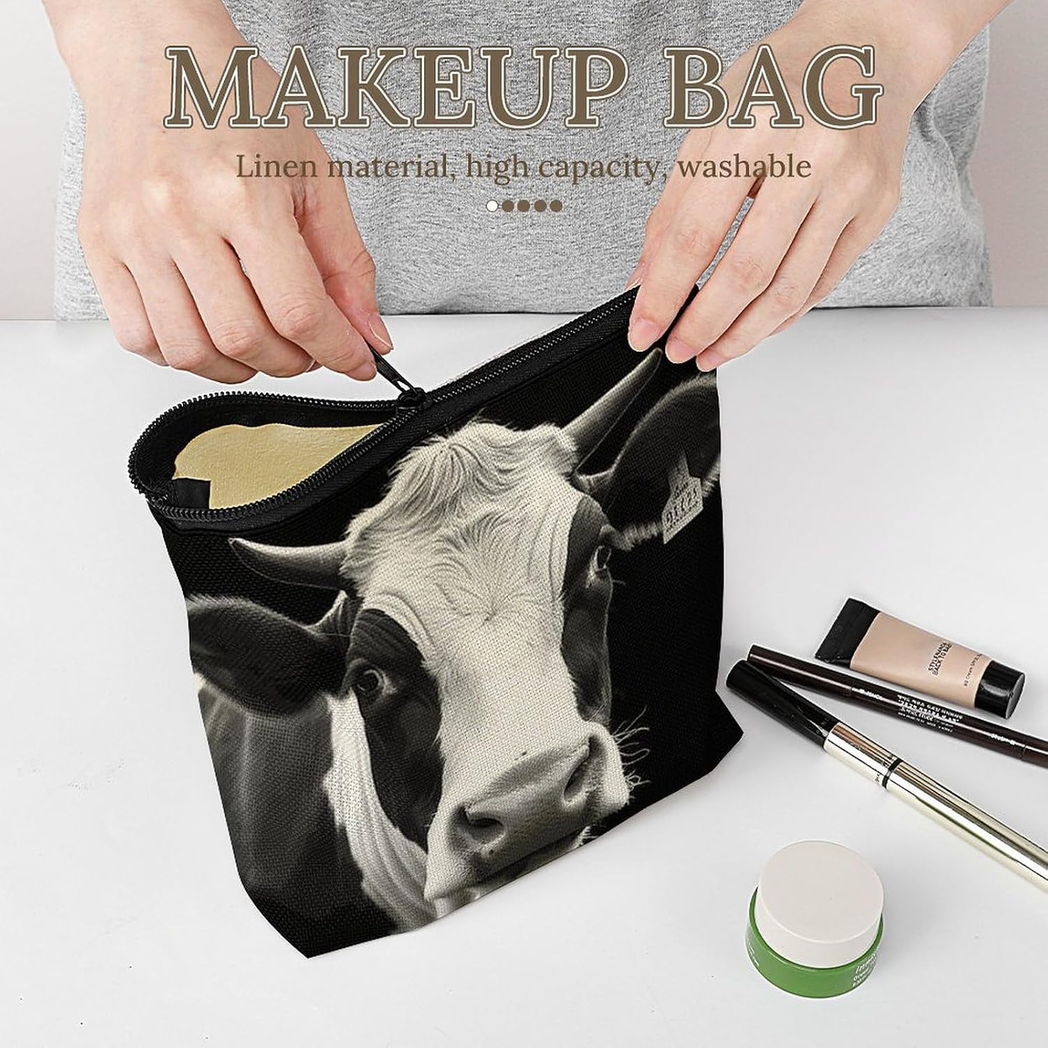 Animal Funny Cow Head Black White Makeup Bag Cosmetic Pouch Toiletry Bag image 5