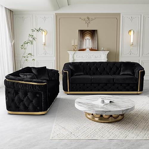 Miniatura 7 de Juego de sofá de terciopelo de lujo, sofá negro y dorado, moderno de mediados de siglo, sofás Chesterfield copetudos y patas doradas, juego de 2