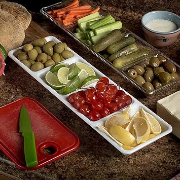 Kaya Elegant White Rectangular 4-Section Plastic Disposable Trays - 16 x 5 (Pack of 3) - Premium Quality & Design, Perfect for Parties & Events