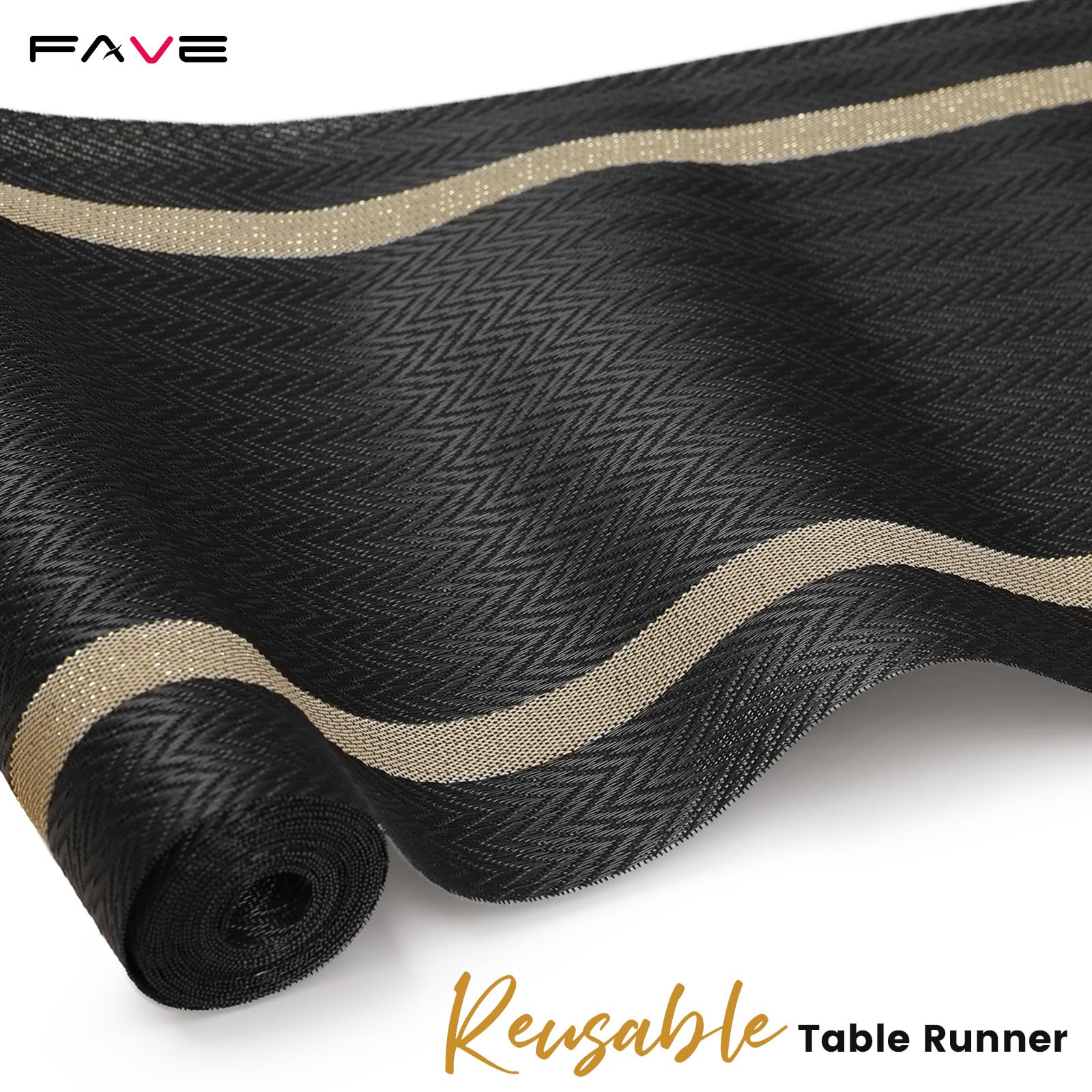 FAVE Tischläufer aus gewebtem Vinyl, mit goldenen Fäden, hitzebeständig, Esstischmatten für Hochzeit, Bankett, Geburtstag, Party, Restaurant, Schwarz, 30,5 x 304,8 cm, 12 Stück