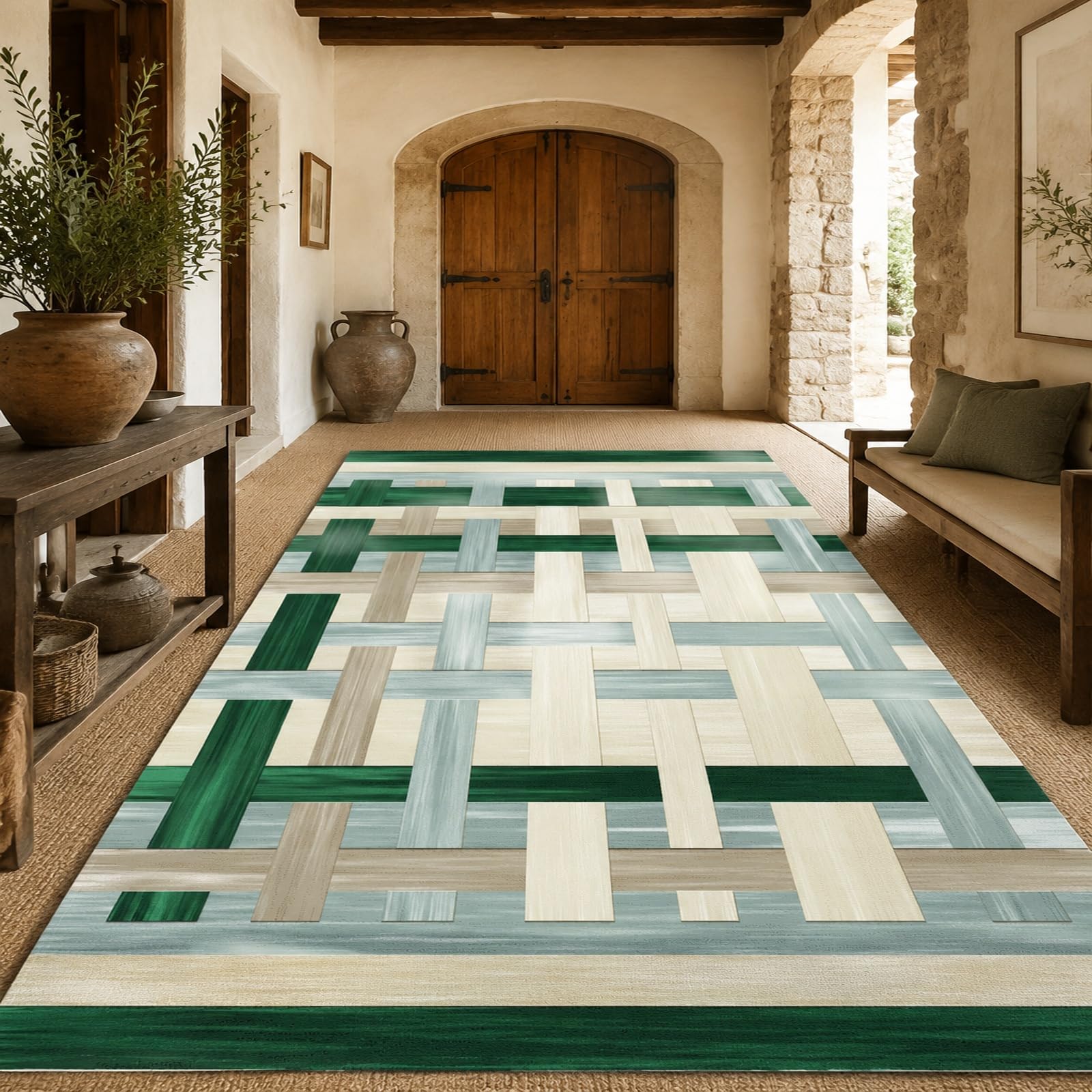 Tapis sous Chaises Salle à Manger, 140 x 180 cm, Géométrie Moderne Verte Beige Grise Blanche, Tapis Decoration pour Table Basse Salon, Meubles Cuisine, Facile à Nettoyer,
