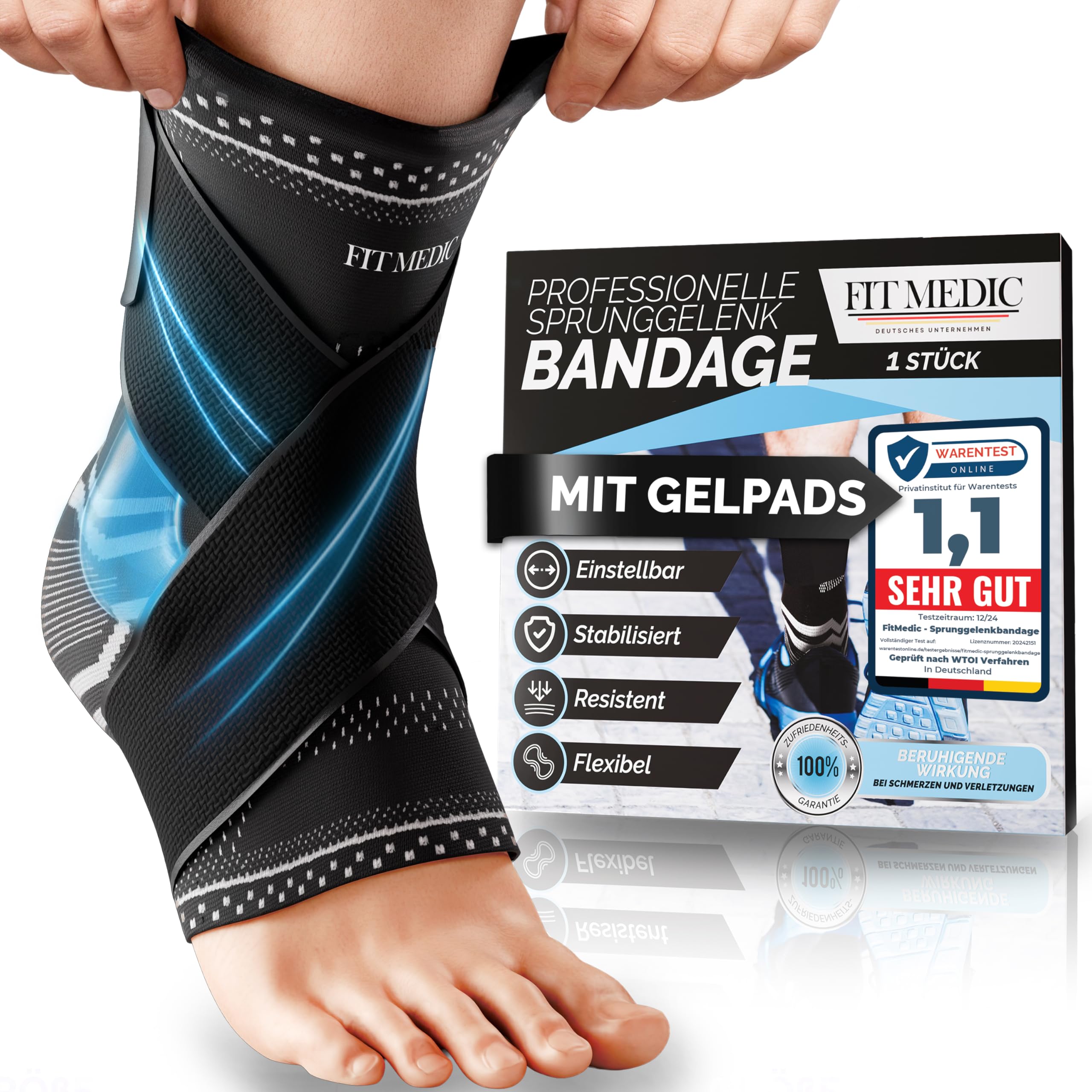 Premium Sprunggelenkbandage mit Gel-Pad | Medizinische Fußbandage stützend & einstellbar | Unisex Knöchel-bandage für Sprunggelenk Sport&Alltag Achillessehne Knöchelschutz gegen Überlastung