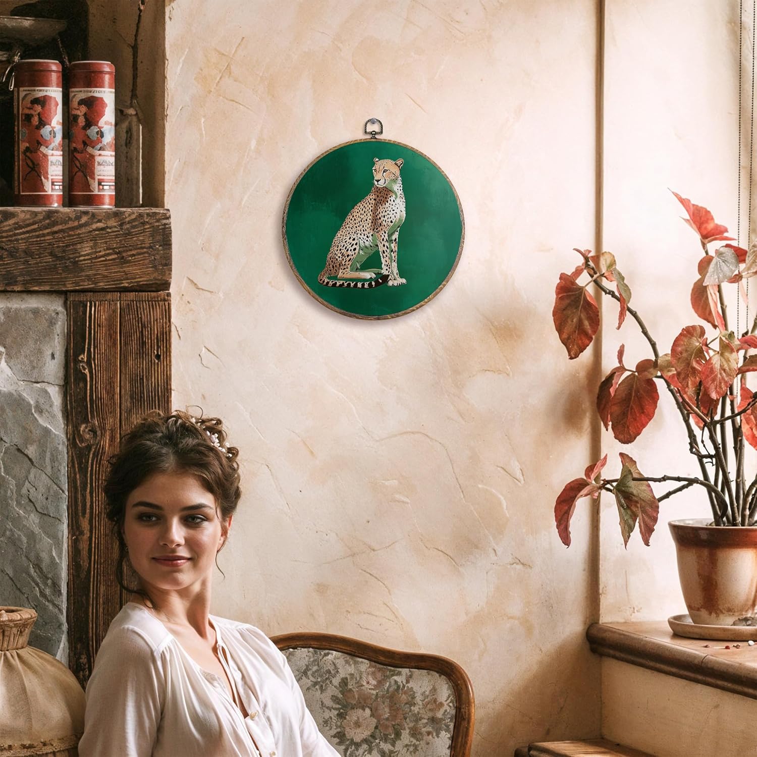 FUGWN Emerald Green Leopard Cheetah Round Wall Art Decor Framed, Maximalist Leopard Canvas Artwork Prints, Retro Cheetah Wall Hanging Decorations for Girly Bedroom Room Dorm, 10x10 Inch - Image 2