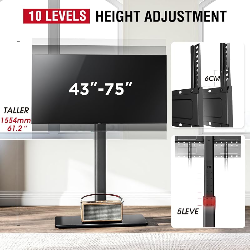 AOKCOS Swivel TV Floor Stand for 43-75 Inches TVs, 10 Level Height Adjustable Corner Extra Tall TV Stand Mount for Living Room/Bedroom, Holds up to 110 lbs,MAX VESA 600x400mm,Black image 6