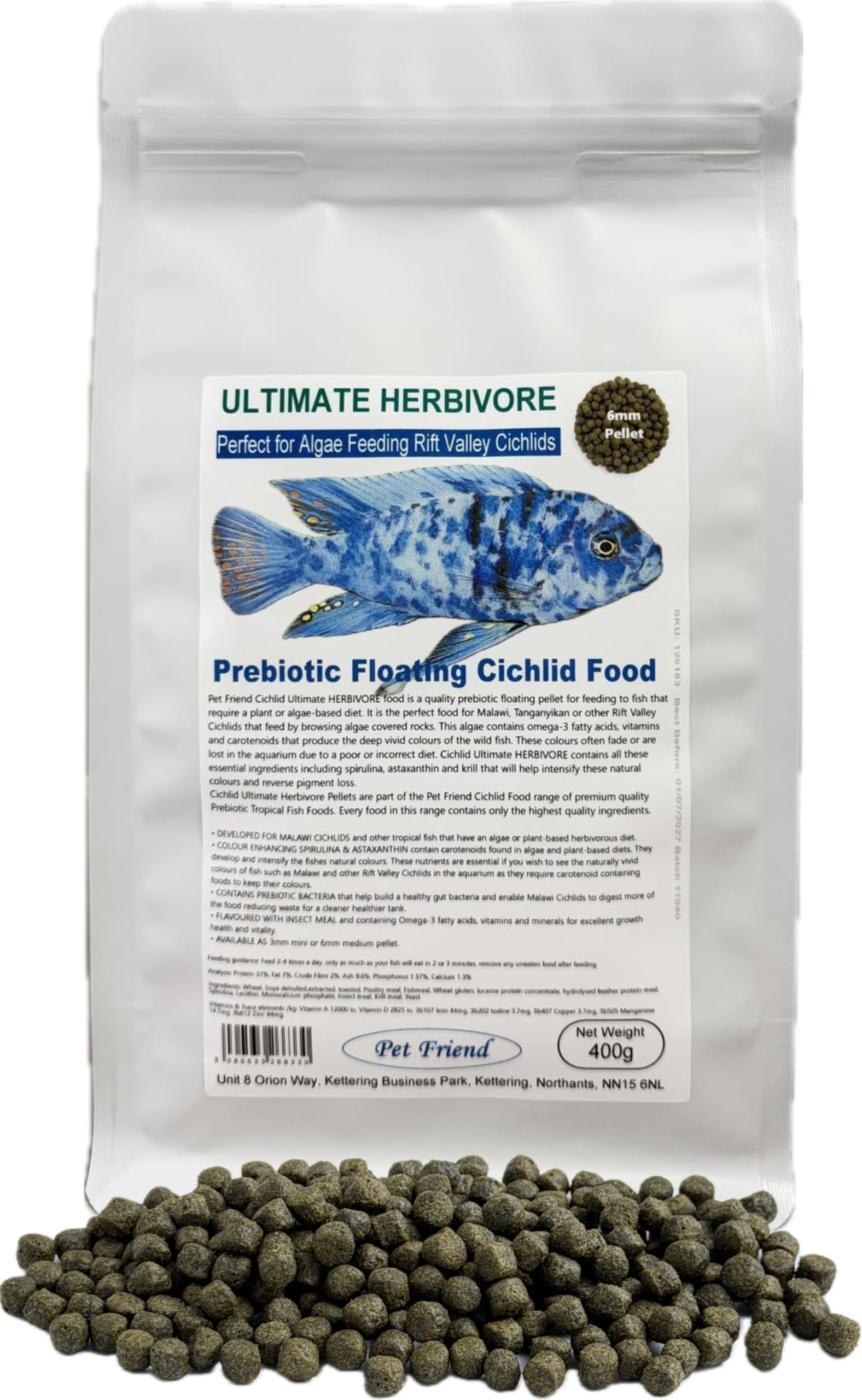 Pet Friend Cichlid Food For Herbivorous Plant And Algae Eating Malawi Mbuna Rift Valley Fish Contains Prebiotics Spirulina Omega-3 Flavoured With Insect Meal 6mm Pellets 400g