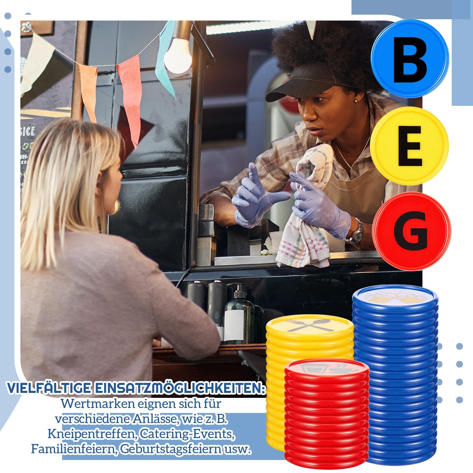Nezyo 300 Gettoni Token Ø 24 mm Gettoni Riutilizzabili per Birra, Bevande e Cibo, 100 Pezzi per Tipologia Ideali per Festival della Birra, Ristoranti, Mense, Feste, Eventi in Discoteca e Festival