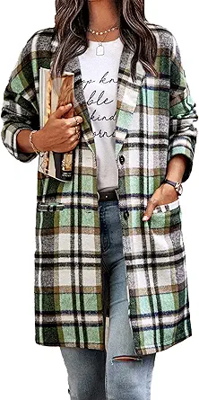 PRETTYGARDEN Women Plaid Shacket Jacket Trendy Fall Casual Button Wool Blend Tartan Trench Coat Winter Clothing with Pockets
