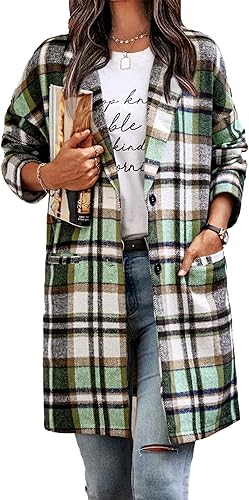 PRETTYGARDEN Women Plaid Shacket Jacket Trendy Fall Casual Button Wool Blend Tartan Trench Coat Winter Clothing with Pockets