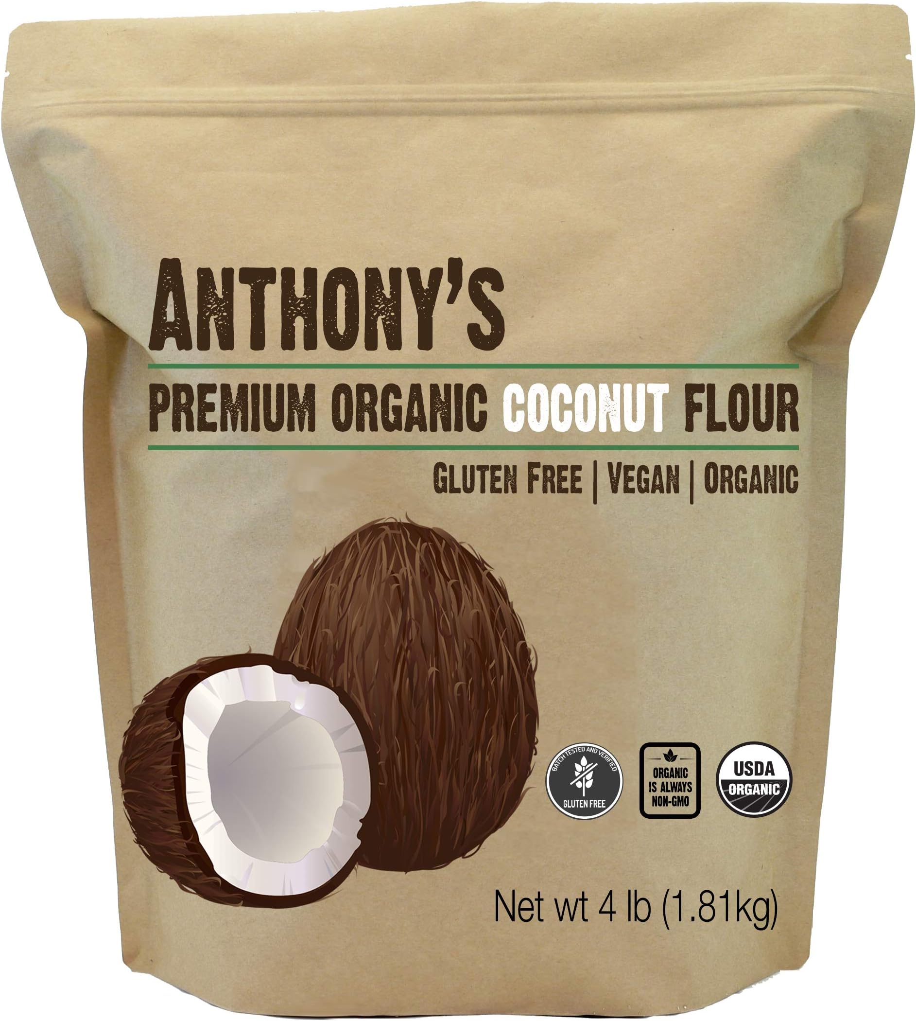 Anthony's Organic Coconut Flour, 4 lb, Batch Tested Gluten Free, Non GMO, Vegan, Keto Friendly