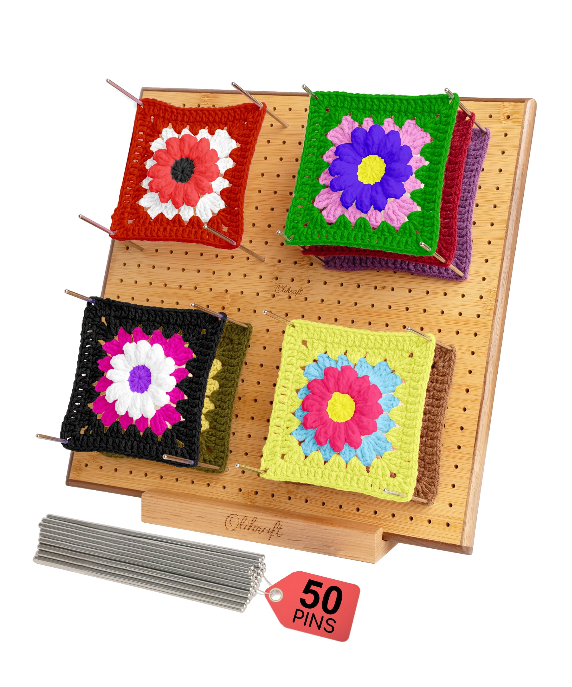 Olikraft Crochet Blocking Board with Pegs 50 Pins - Granny Square Blocking Board, Blocking Boards for Crochet Projects, Crochet Accessories and Gadgets, Crochet Supplies, Crochet Tools (11 inches)