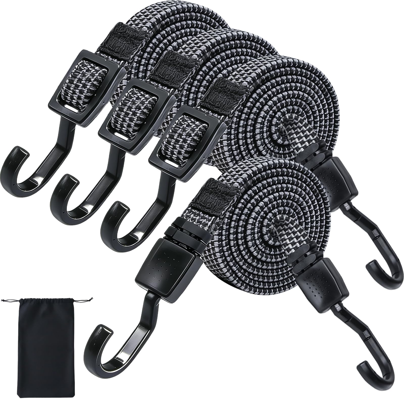 VirtuGro 4Pcs Adjustable Bungee Cords with Hooks Heavy Duty 2M Long Bungee Straps Flat Bungee Cords Rubber Elastic Straps for Securing Luggage Camping Tarp Roof Racks Bike Car Truck with Storage Bag