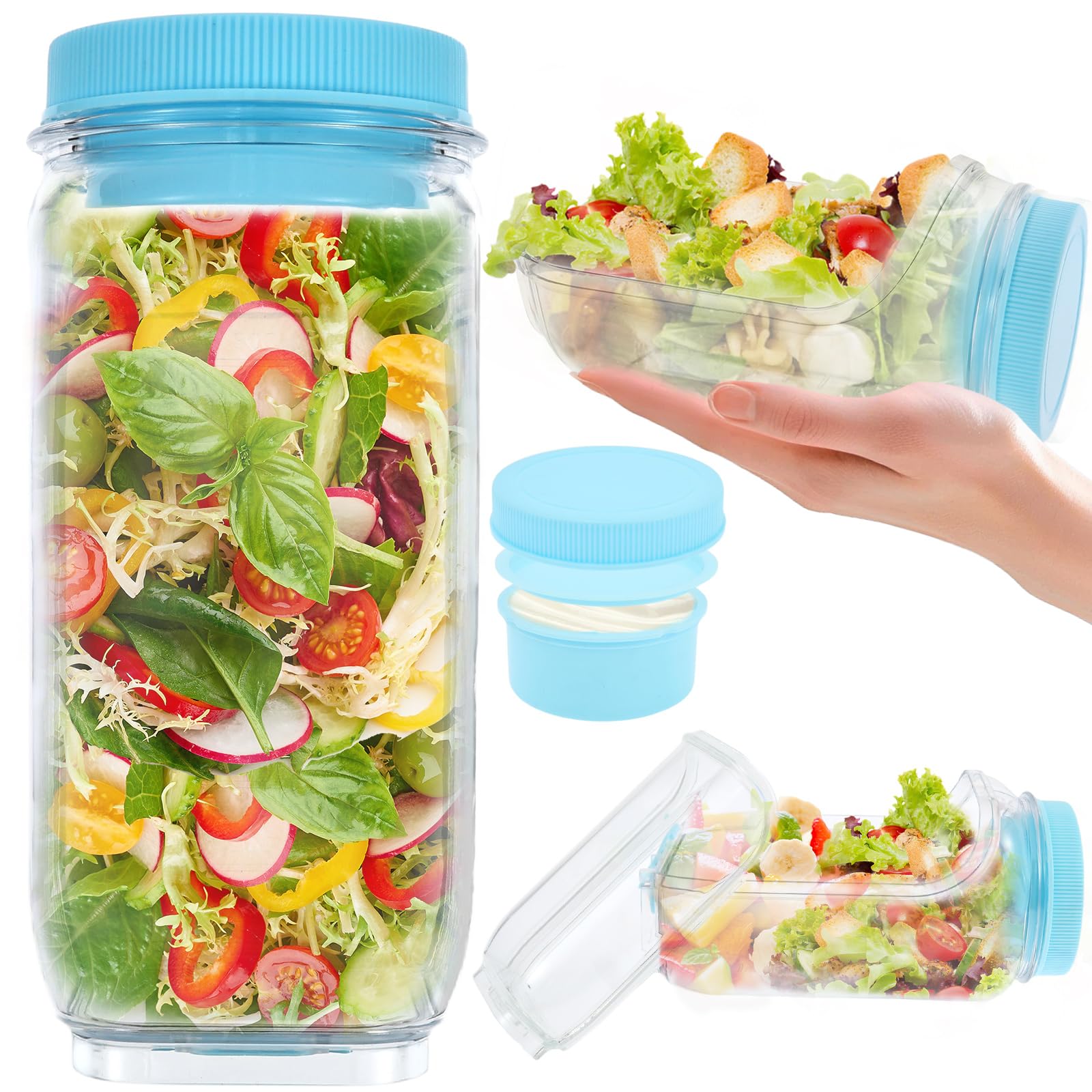 Shaojian Blue Salad Jar With Side Opening 1000Ml Leakproof Salad Pod Jar With Dressing Cup, Meal Prep Container Vertical Layering Design, Portable Fresh Salads Lunch Box For Office Picnic Travel(Blue)