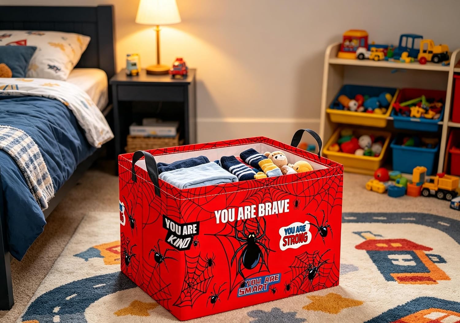 Rectangular Storage Basket Waterproof Storage Bin for Bedroom Collapsible Bin Books Box Basket Room Decor(Red Spider) image 3