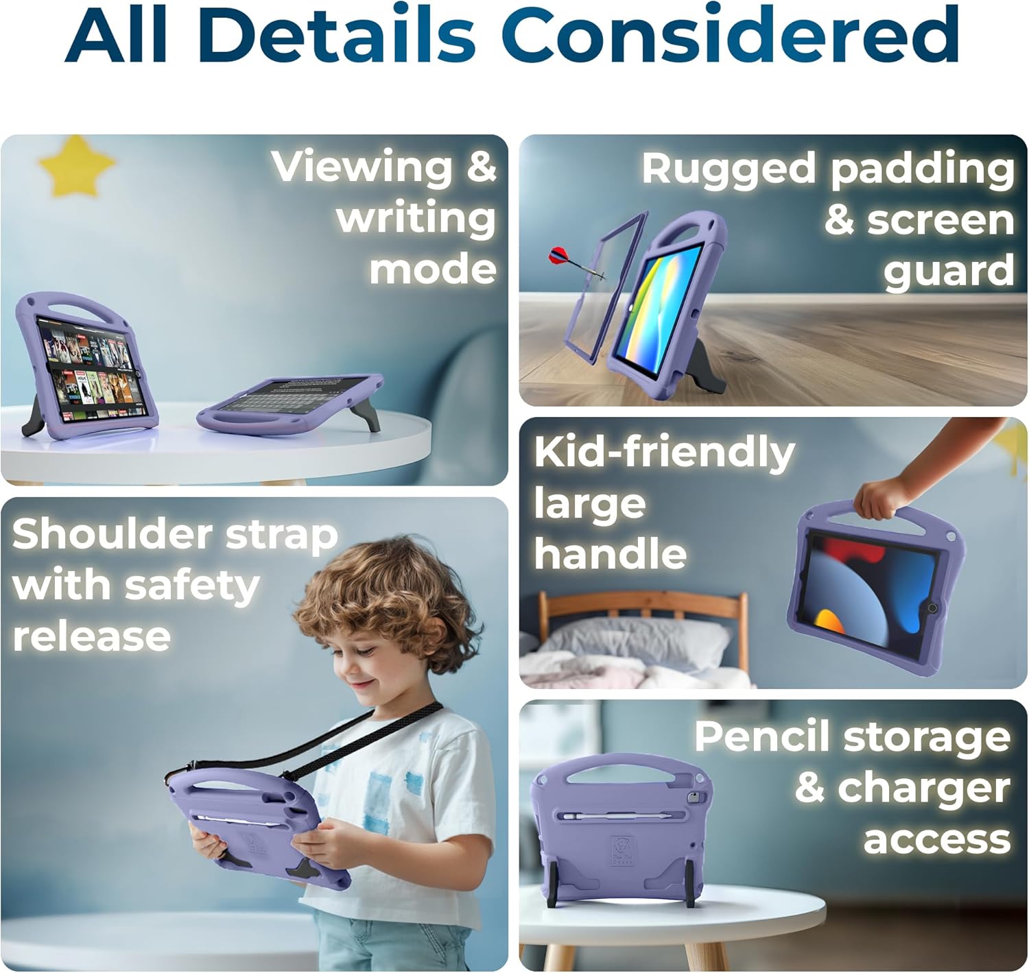 Bam Bino Space Suit Kids Case for iPad Pro 12.9" 3rd/4th/5th/6th Generation (2018-2022) Models [Not for iPad Pro 12.9 1st/2nd Gen] Screen Guard, Handle, Shoulder Strap, Pencil Holder (Nebula Violet)