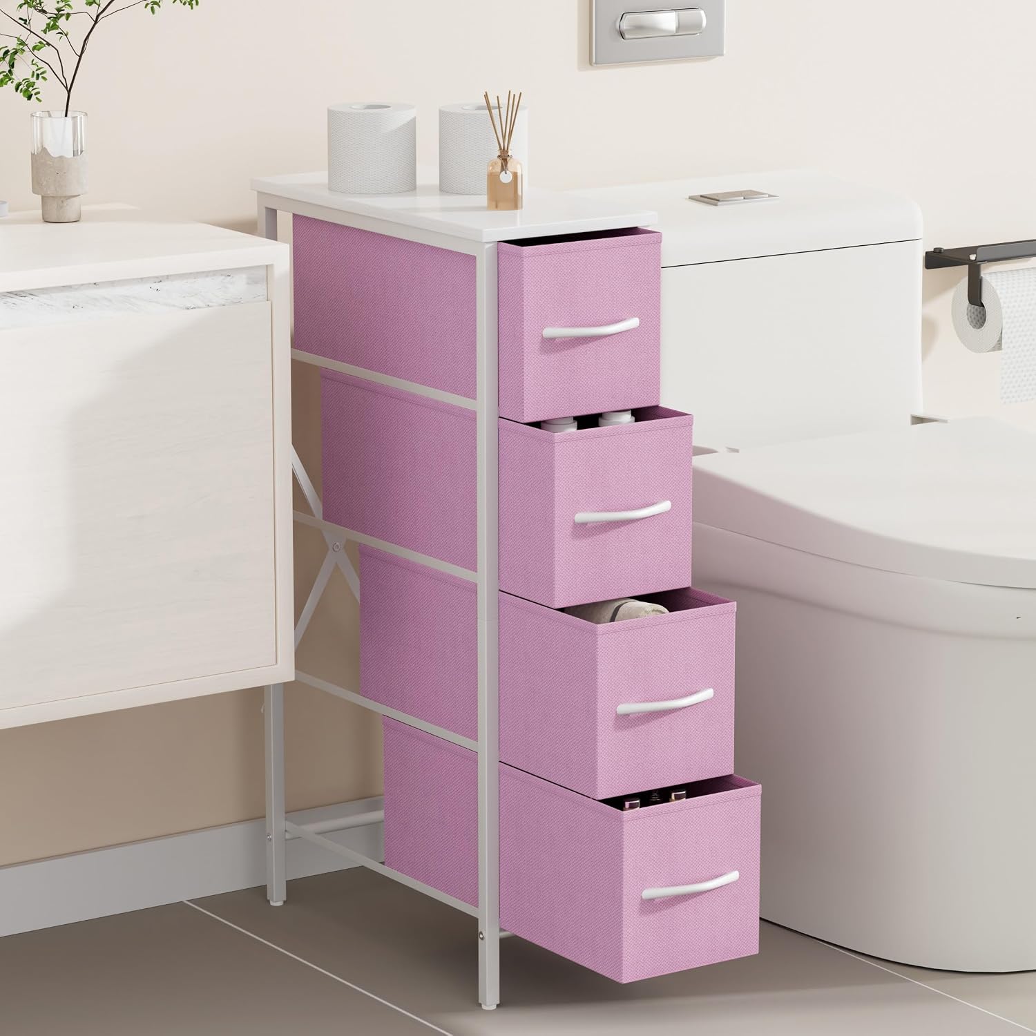 Narrow Dresser, Slim Storage Cabinet with 4 Drawers, Barbie Storage Chest of Drawers with Steel Frame, Storage Tower Chest for Small Spaces, Pink