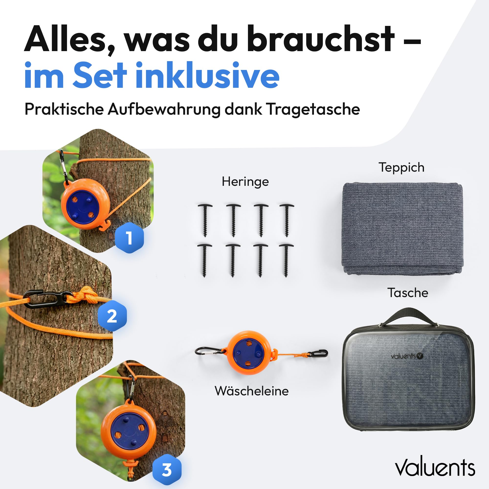 Vorzeltteppich - blau/grau - Verschiedene Größen - Camping Teppich Outdoor - Zelteppich Wohnwagen/Wohnmobil inkl. Tragetasche +Plus: Wäscheleine & 8 T-Heringe